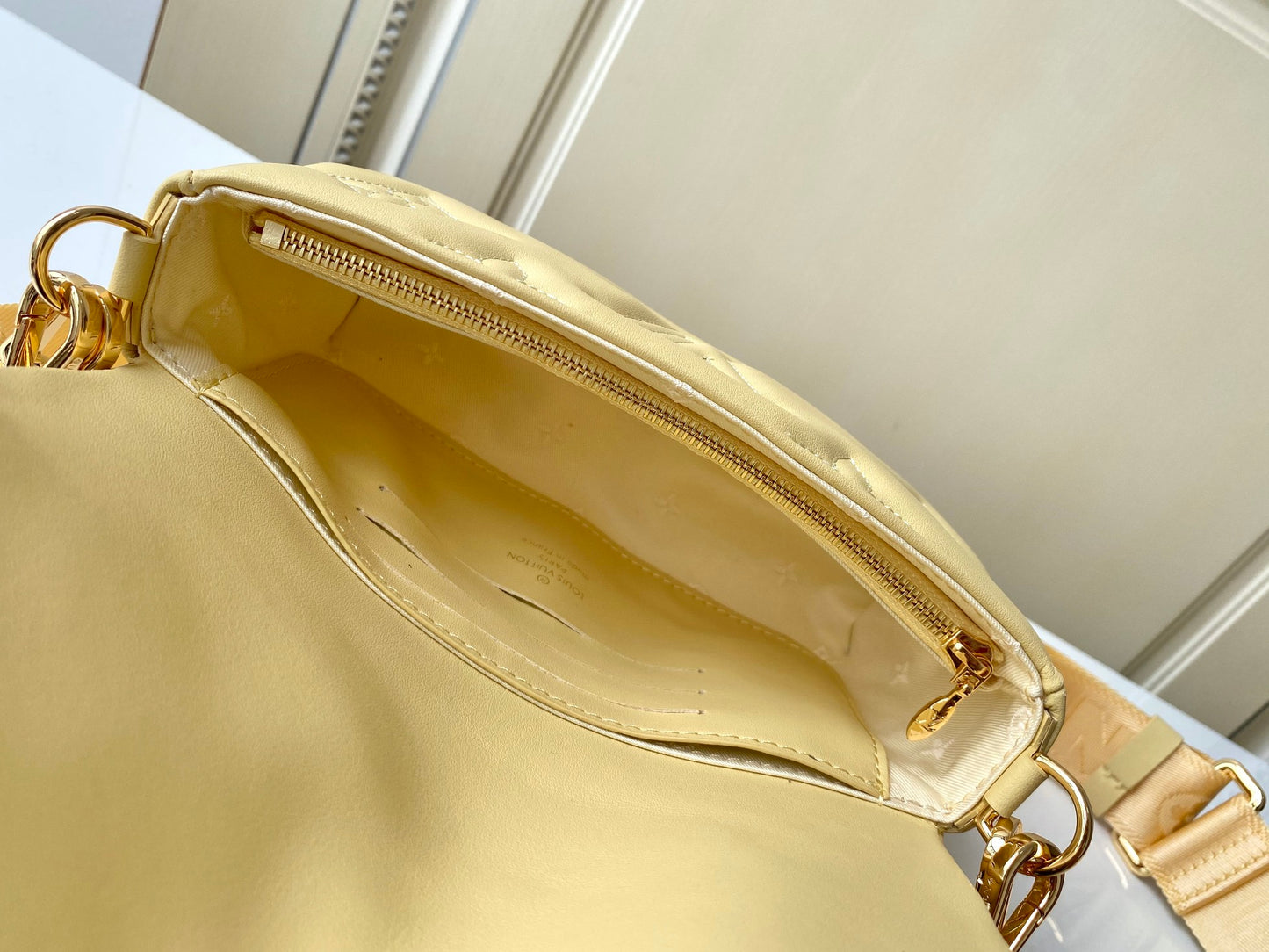 Louis Vuitton Light Yellow Quilted Crossbody Bag with Chain and Wide Strap