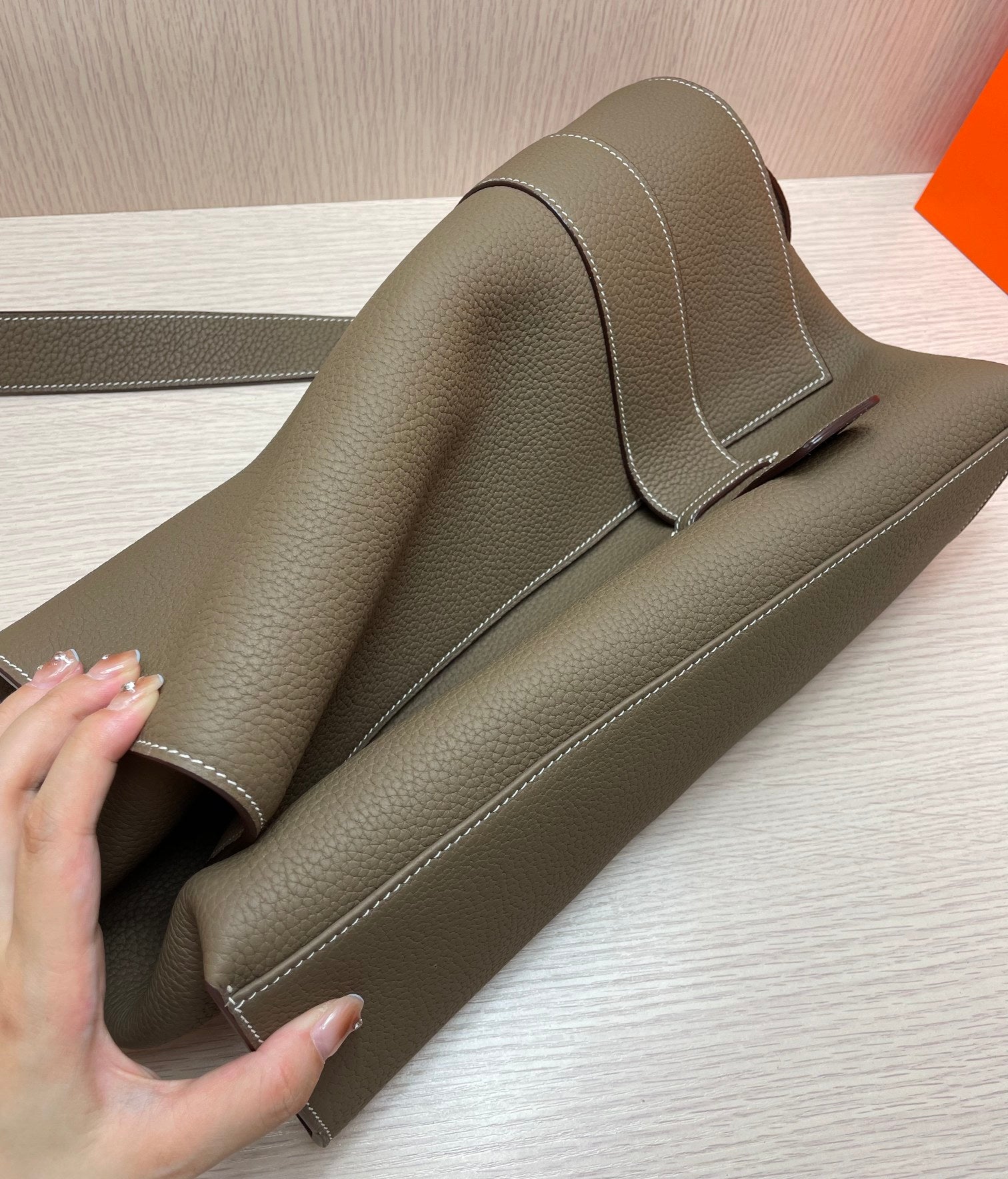 Luxury Taupe Pebbled Leather Messenger Bag with Adjustable Strap