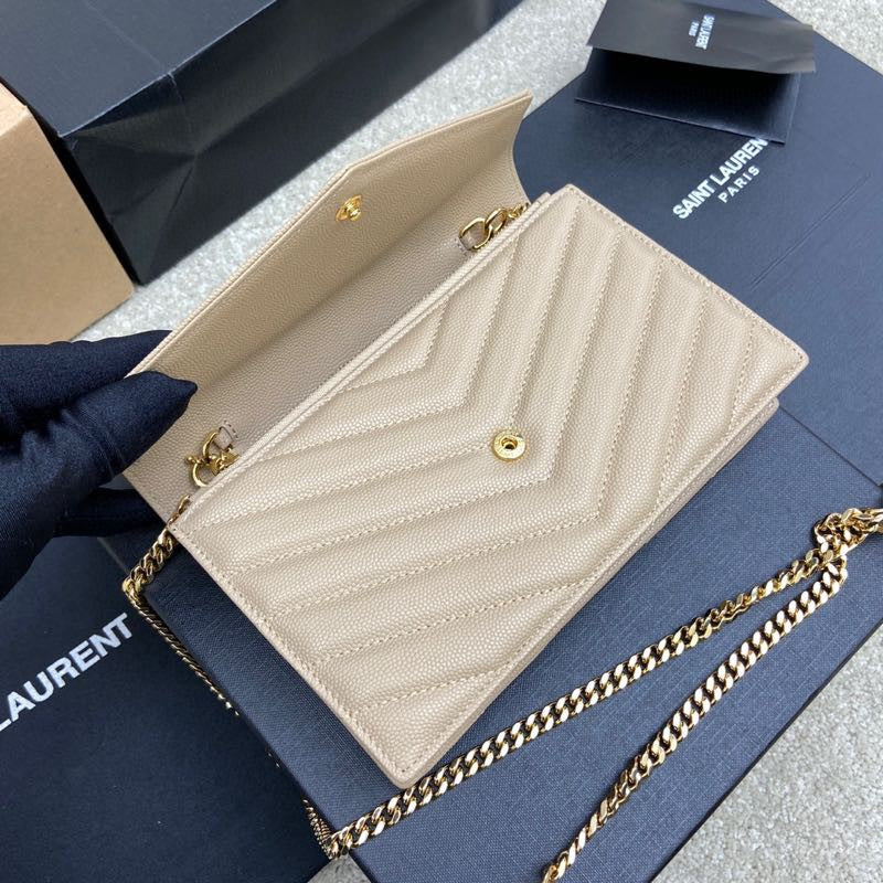 Saint Laurent Cassandre Matelassé Chain Wallet in Quilted Leather - Beige