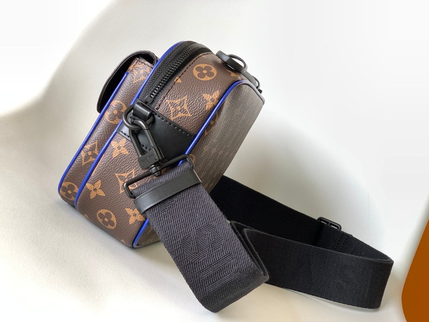Louis Vuitton Monogram Print Brown Crossbody Bag with Blue Trim and Black Hardware