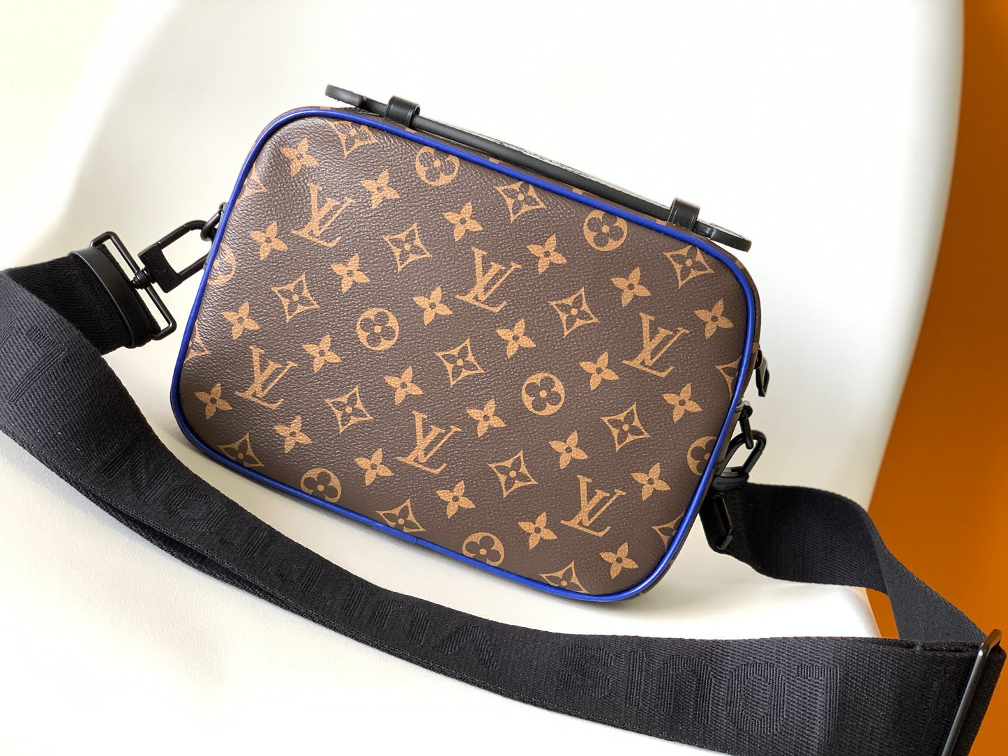 Louis Vuitton Monogram Print Brown Crossbody Bag with Blue Trim and Black Hardware