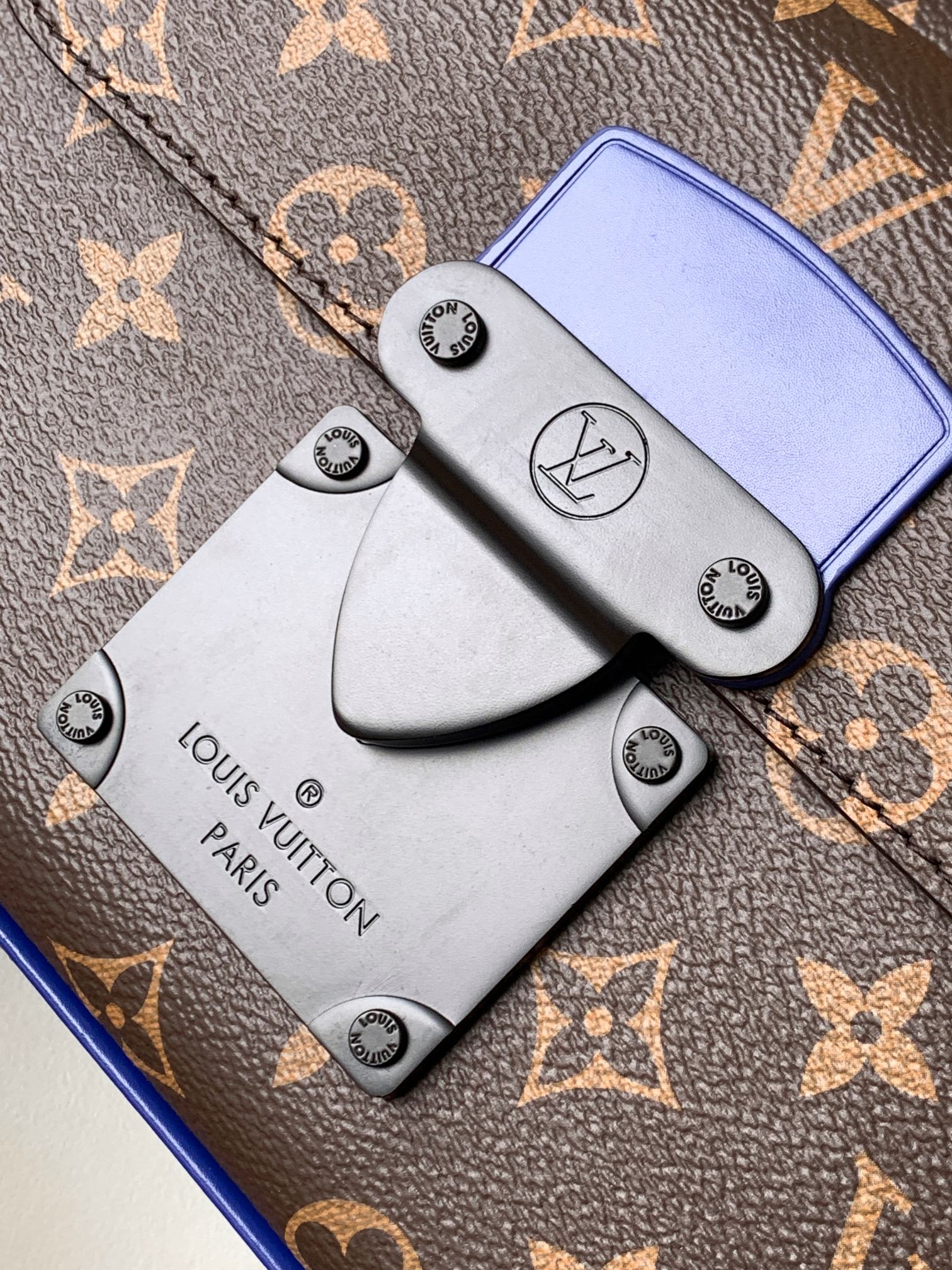 Louis Vuitton Monogram Print Brown Crossbody Bag with Blue Trim and Black Hardware