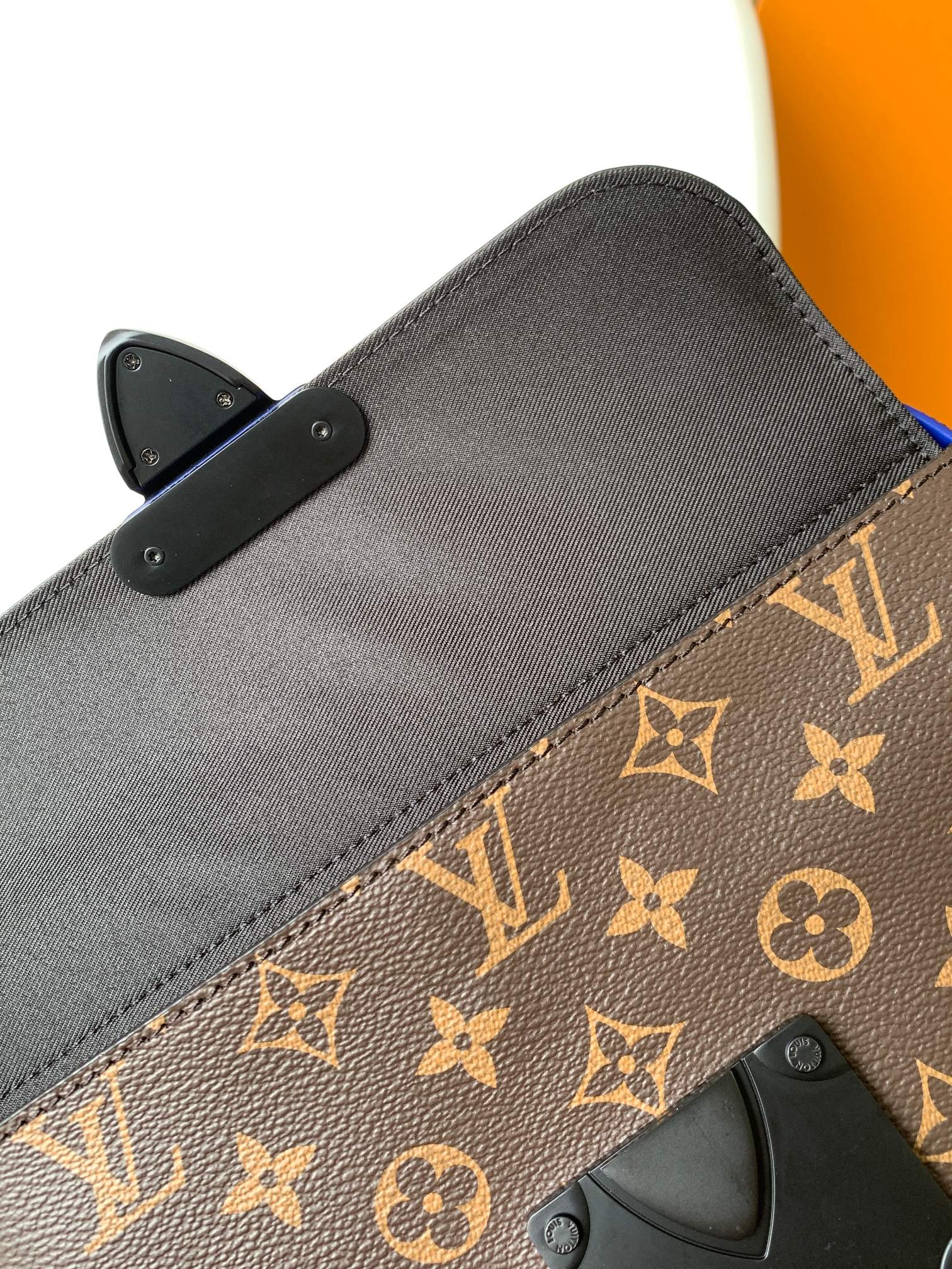 Louis Vuitton Monogram Print Brown Crossbody Bag with Blue Trim and Black Hardware