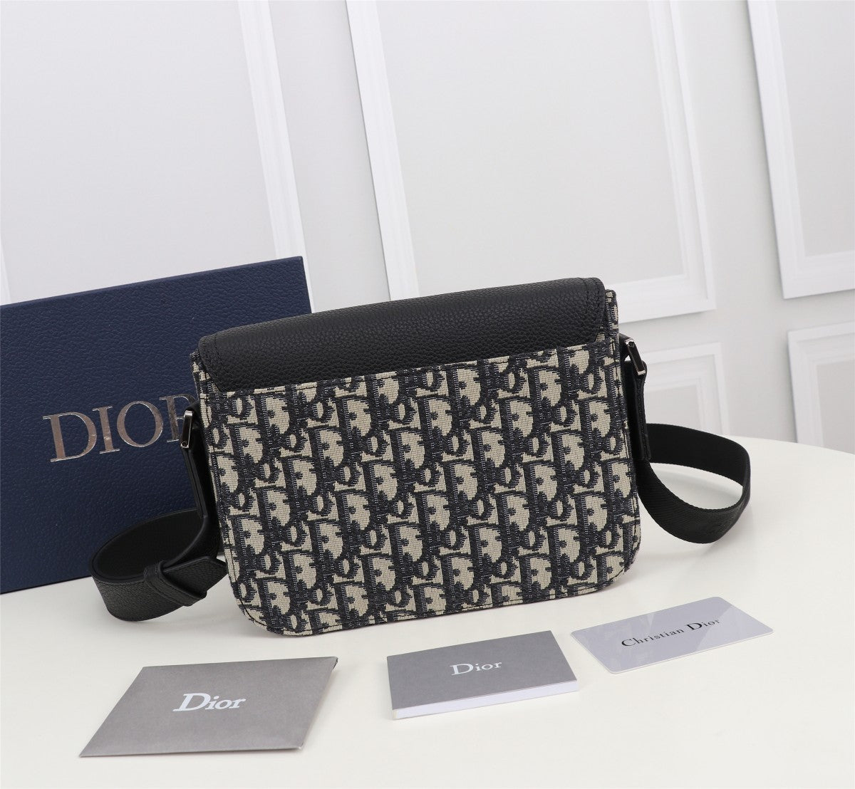 Dior Vintage Monogram Canvas Crossbody Messenger Bag with Black Leather Flap