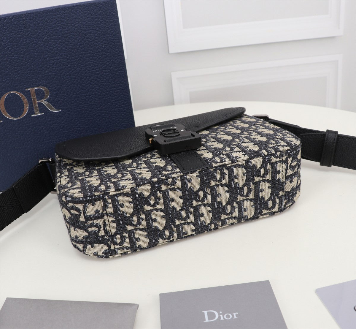 Dior Vintage Monogram Canvas Crossbody Messenger Bag with Black Leather Flap