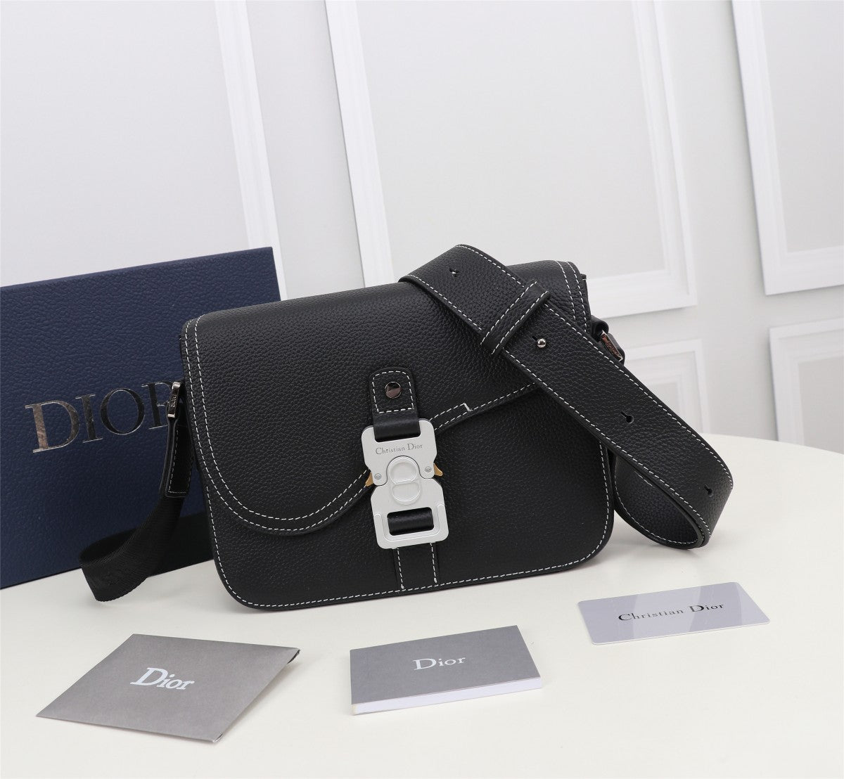 Dior Black Leather Crossbody Bag with Contrast Stitching and Buckle Clasp