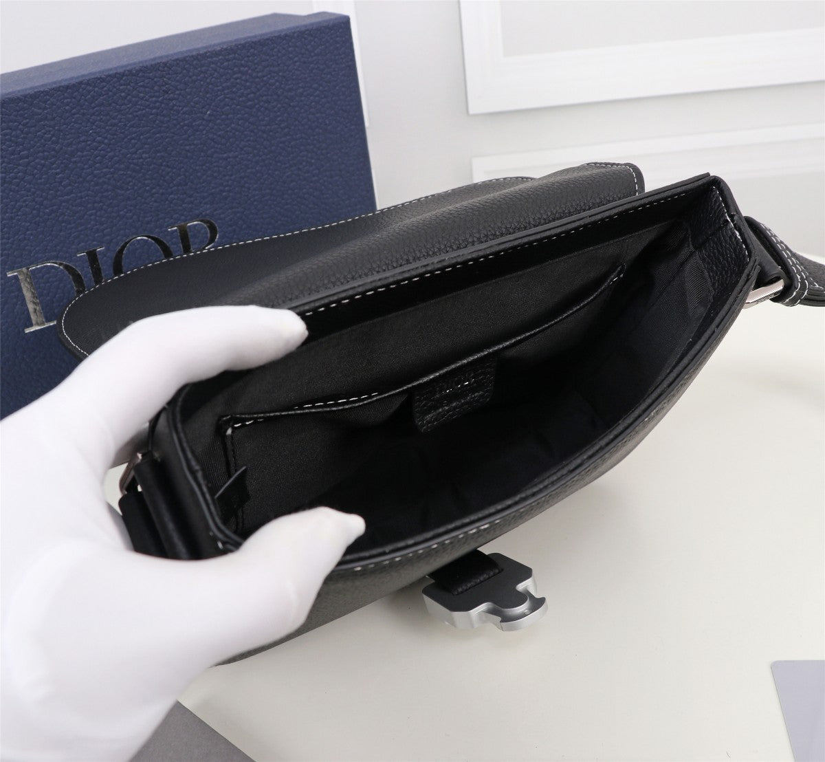Dior Black Leather Crossbody Bag with Contrast Stitching and Buckle Clasp
