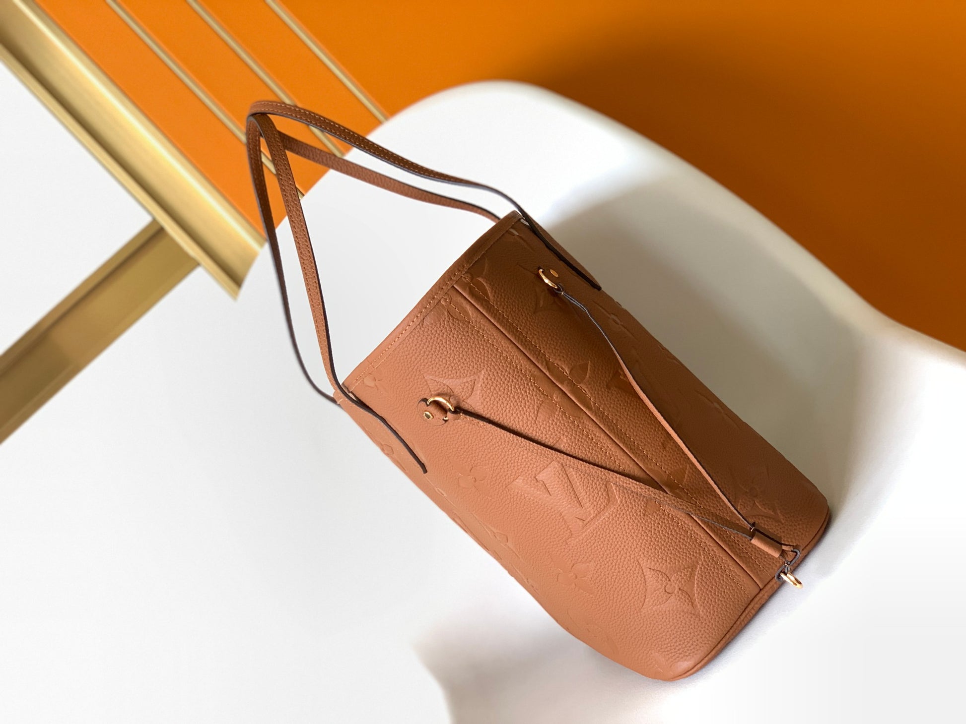 Louis Vuitton Classic Brown Embossed Leather Tote Bag with Side Drawstrings