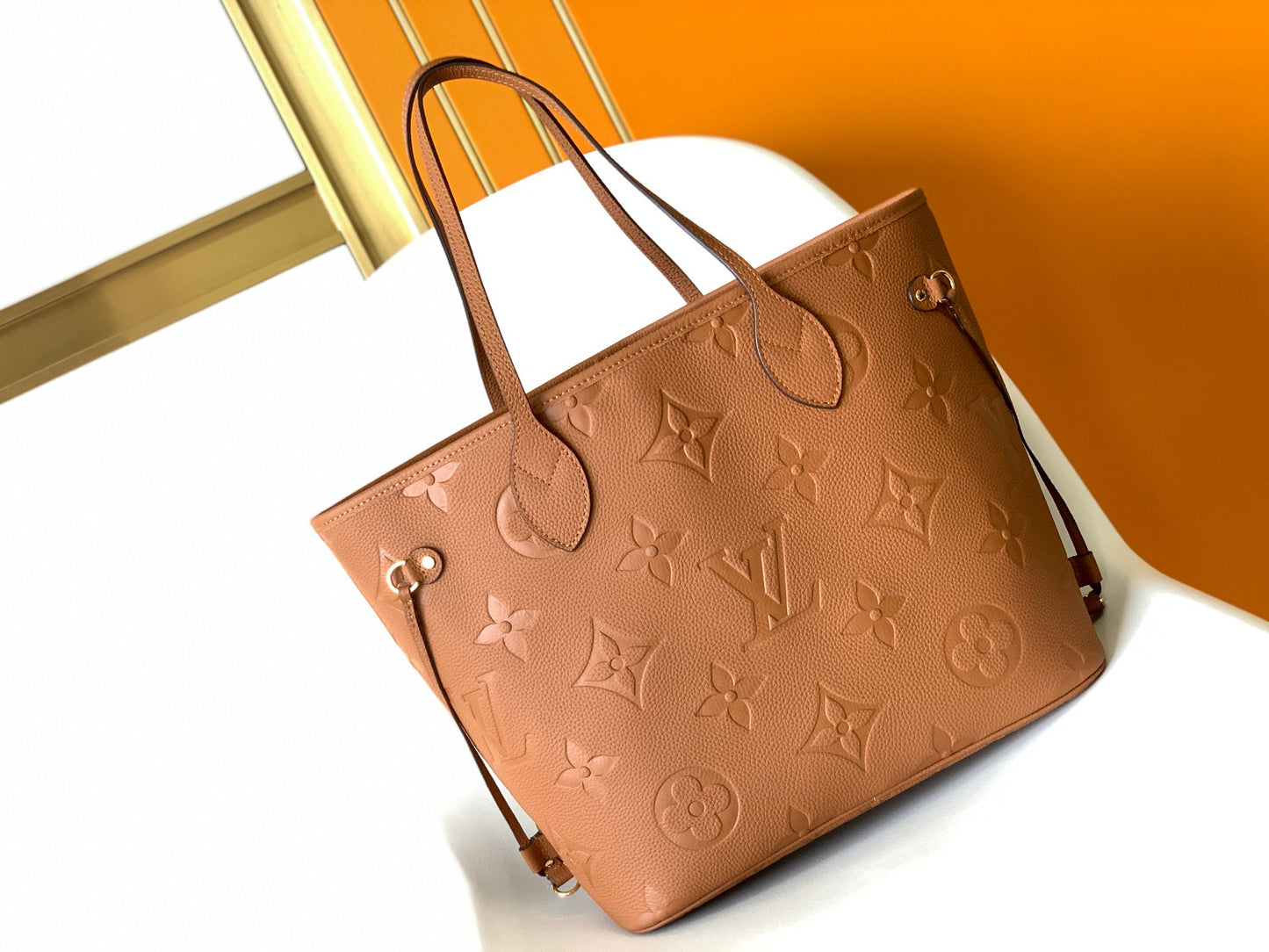 Louis Vuitton Classic Brown Embossed Leather Tote Bag with Side Drawstrings