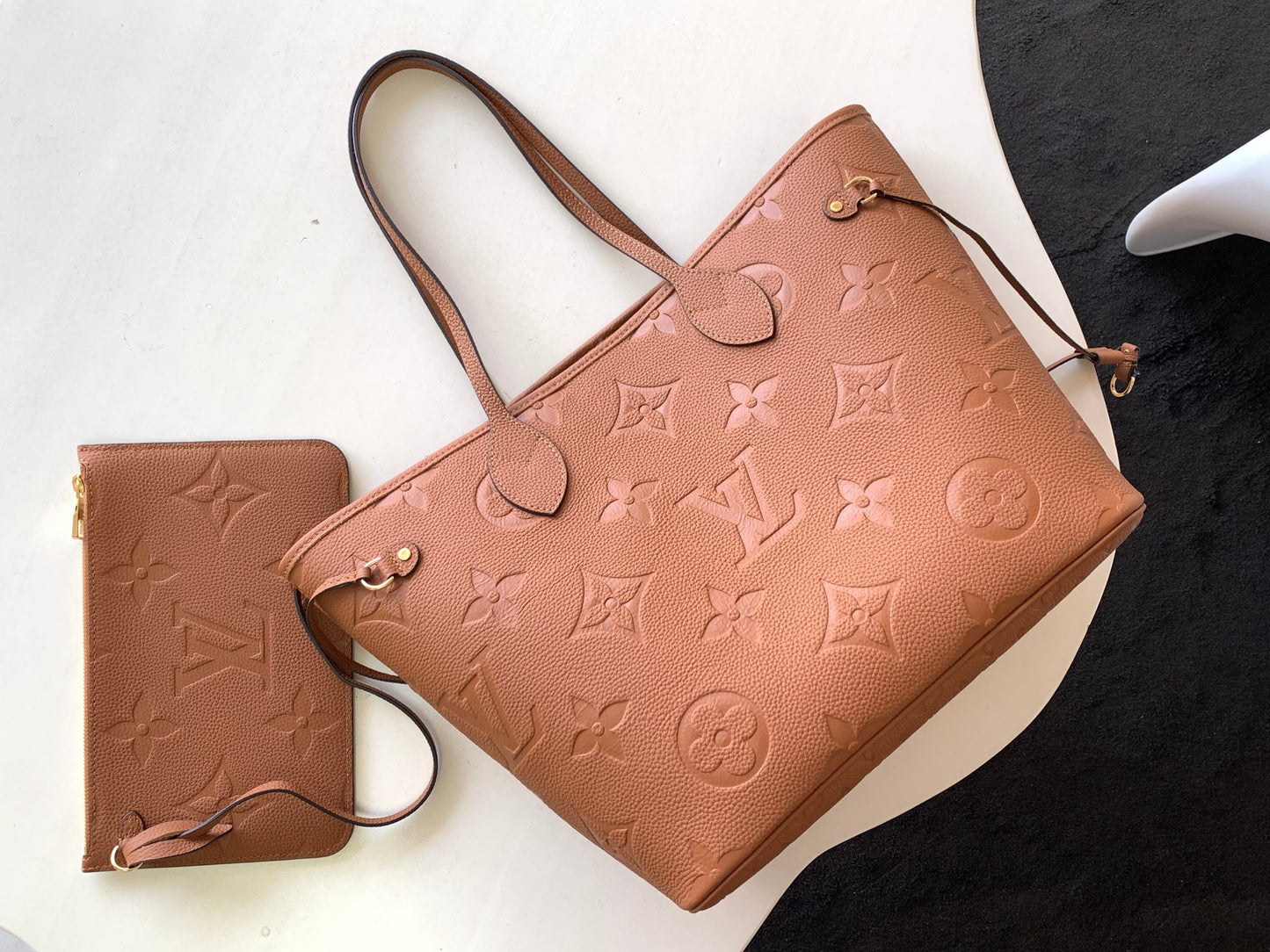 Louis Vuitton Classic Brown Embossed Leather Tote Bag with Side Drawstrings