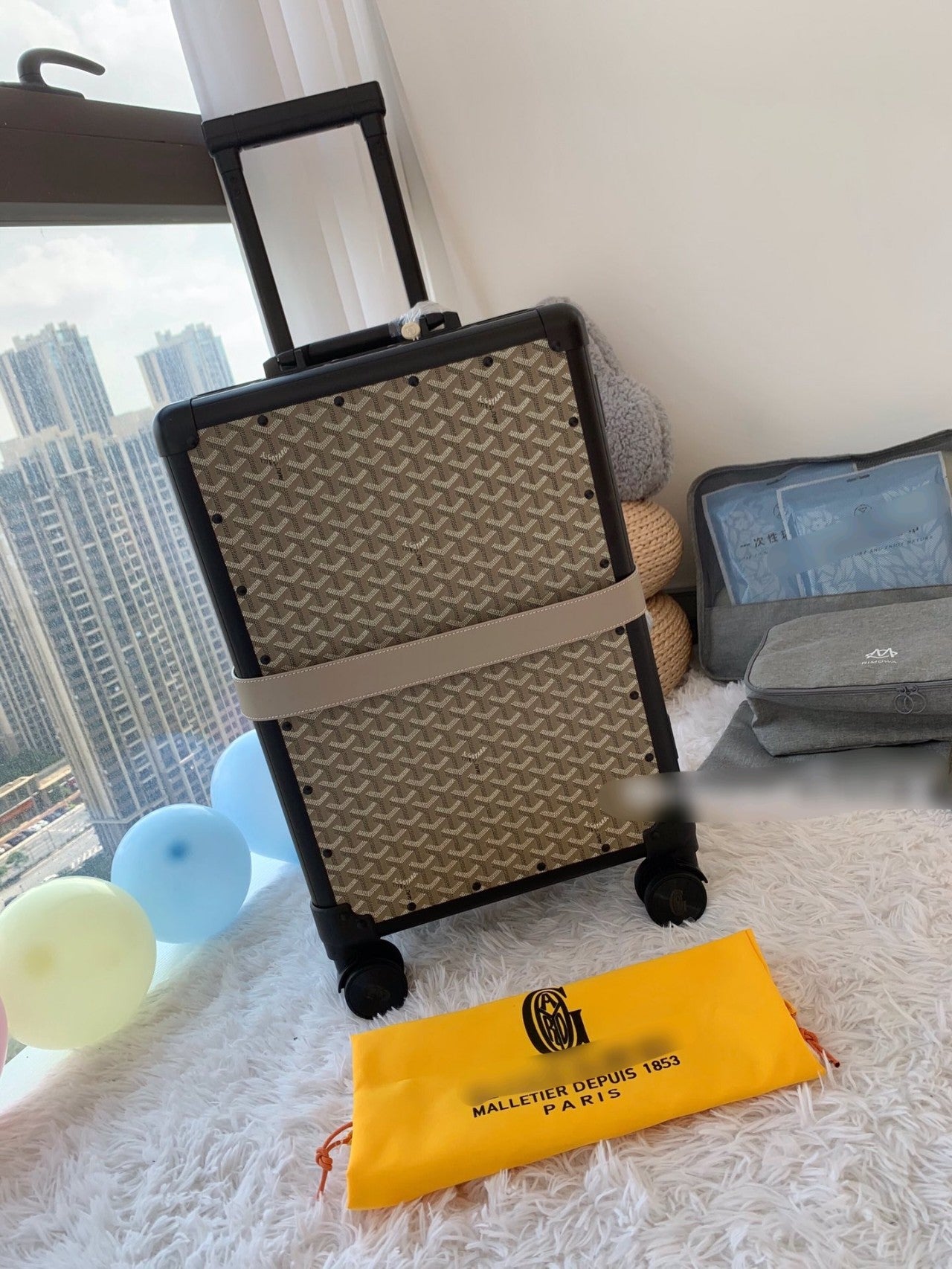 Vintage Chevron Monogram Rolling Carry-On Suitcase with Spinner Wheels