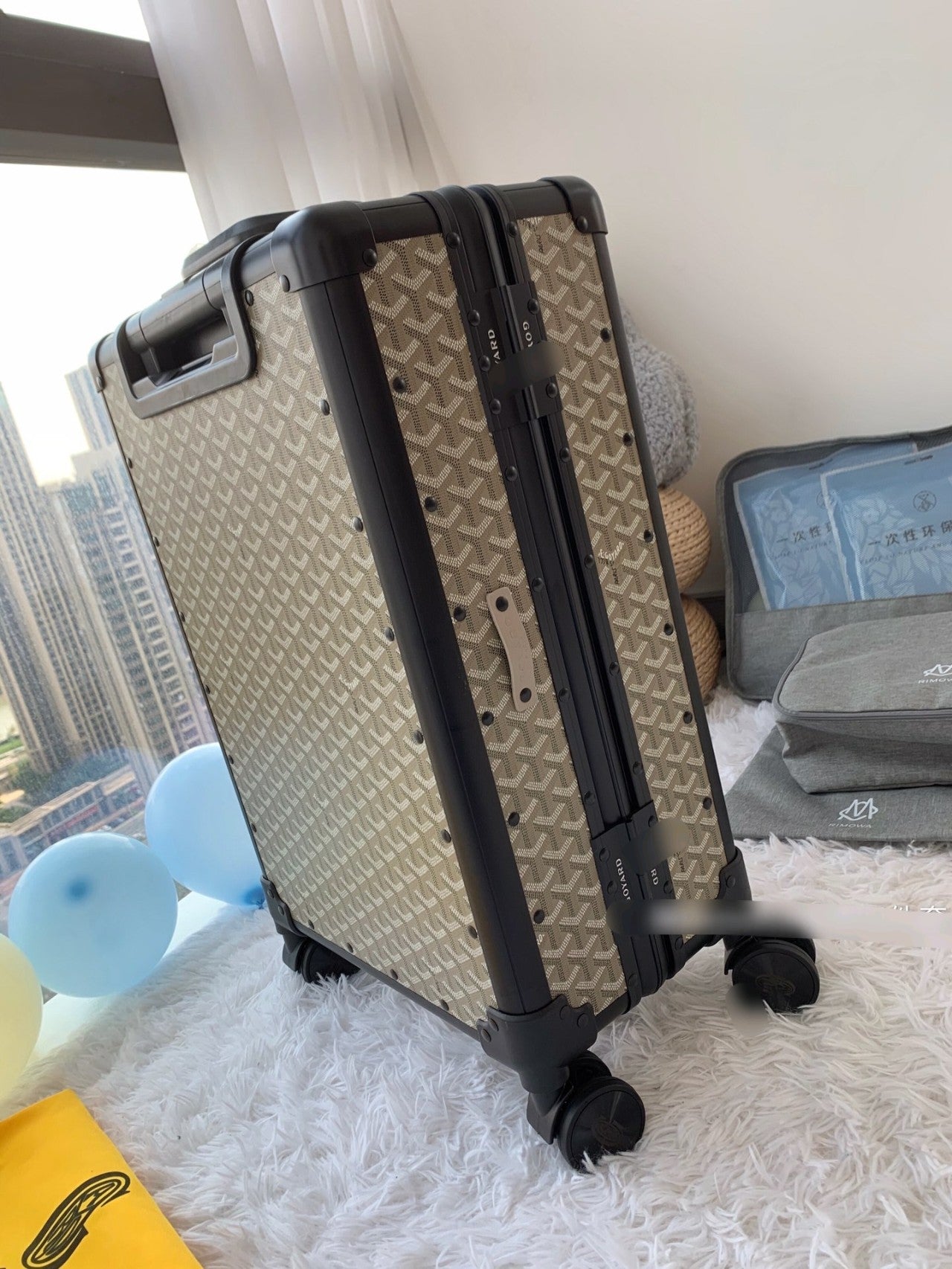 Vintage Chevron Monogram Rolling Carry-On Suitcase with Spinner Wheels