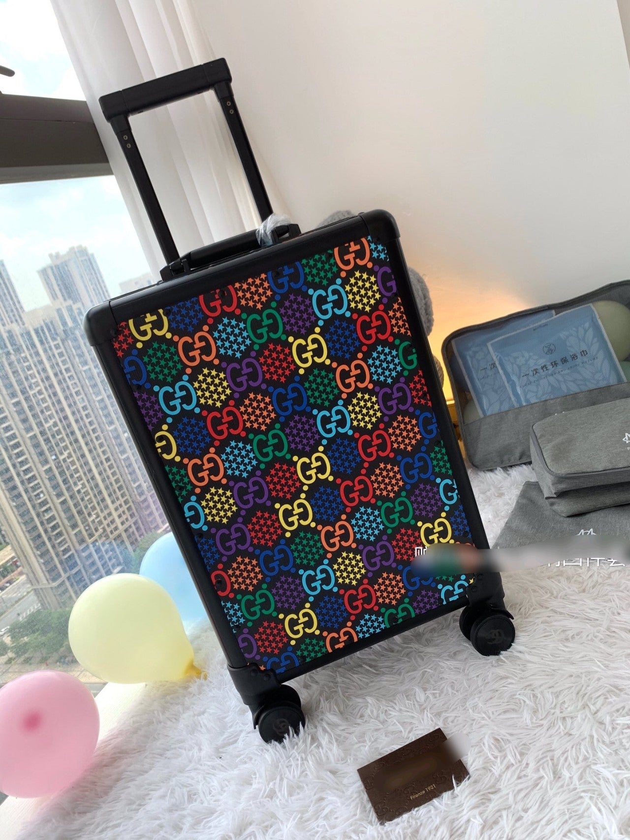 Rainbow Monogram Print Carry-On Travel Suitcase with Spinner Wheels