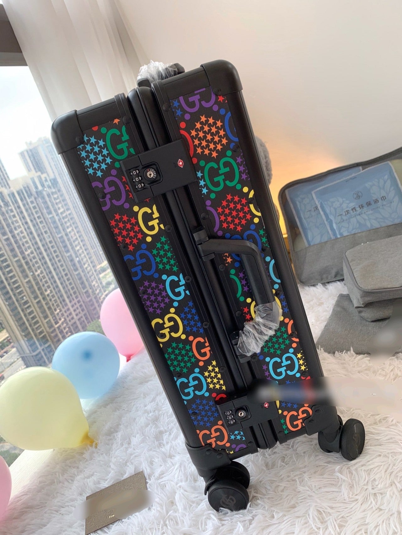 Rainbow Monogram Print Carry-On Travel Suitcase with Spinner Wheels