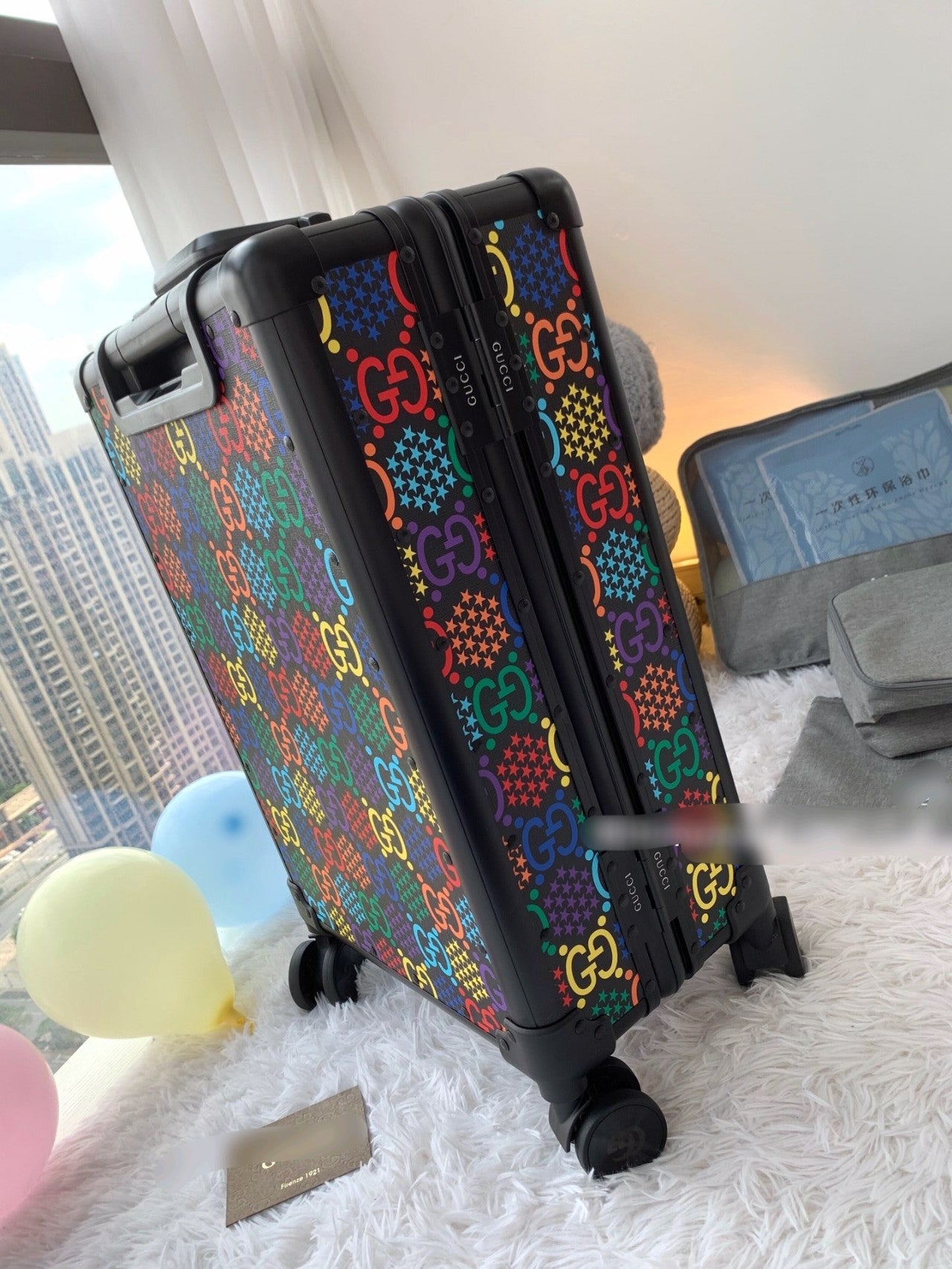 Rainbow Monogram Print Carry-On Travel Suitcase with Spinner Wheels