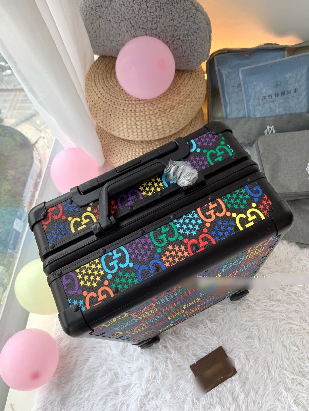 Rainbow Monogram Print Carry-On Travel Suitcase with Spinner Wheels
