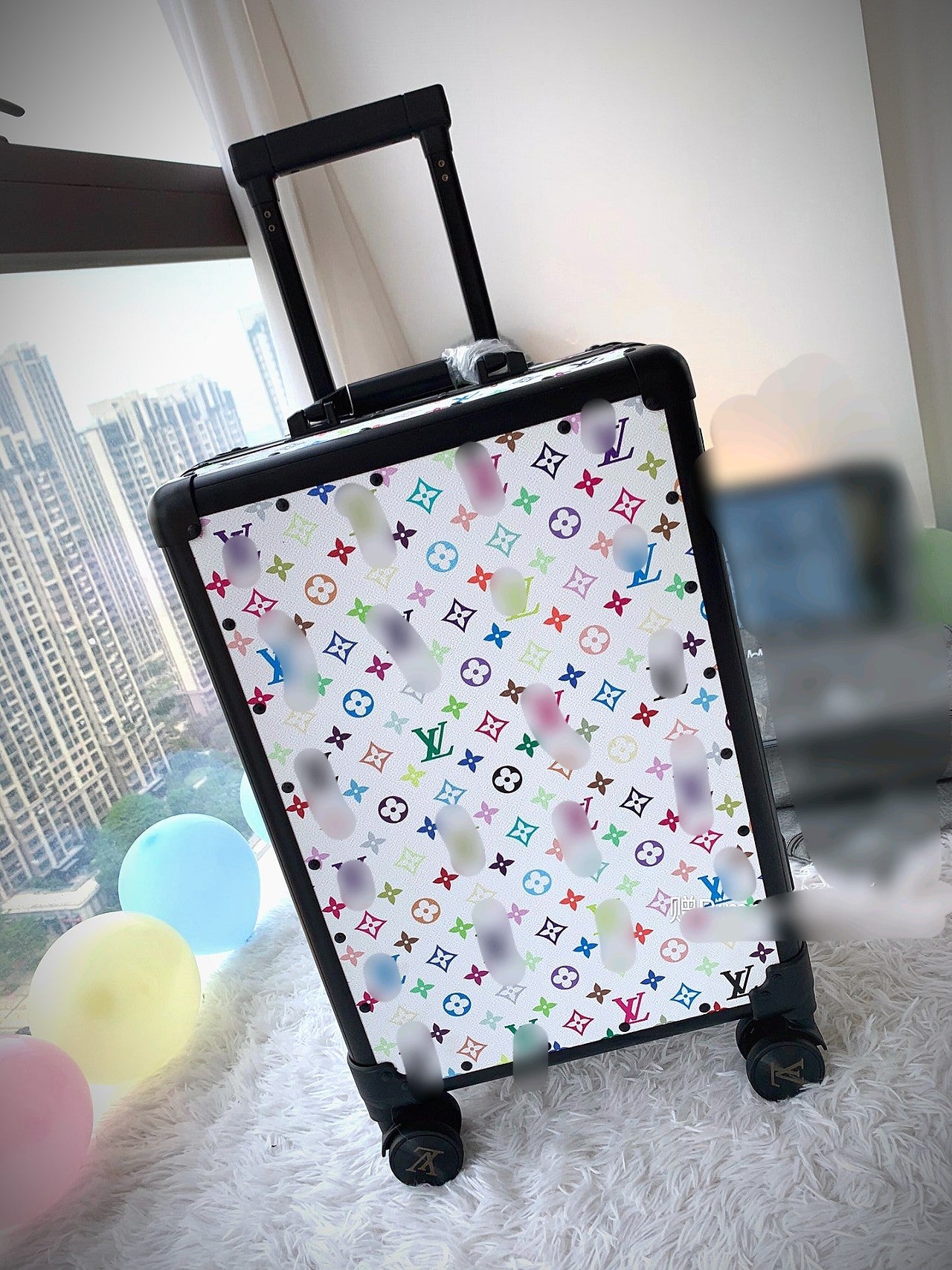 Multi-Color Monogram Print White Hardshell Spinner Luggage Suitcase