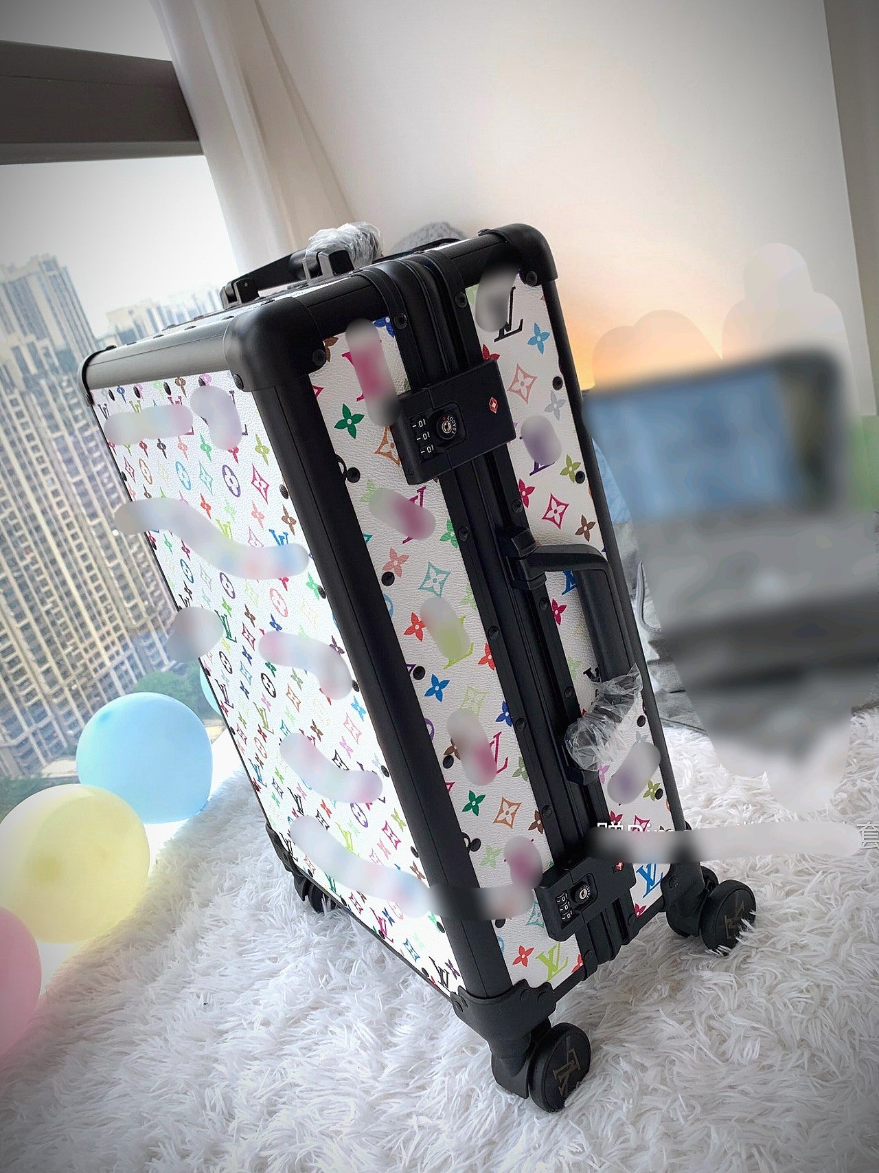 Multi-Color Monogram Print White Hardshell Spinner Luggage Suitcase