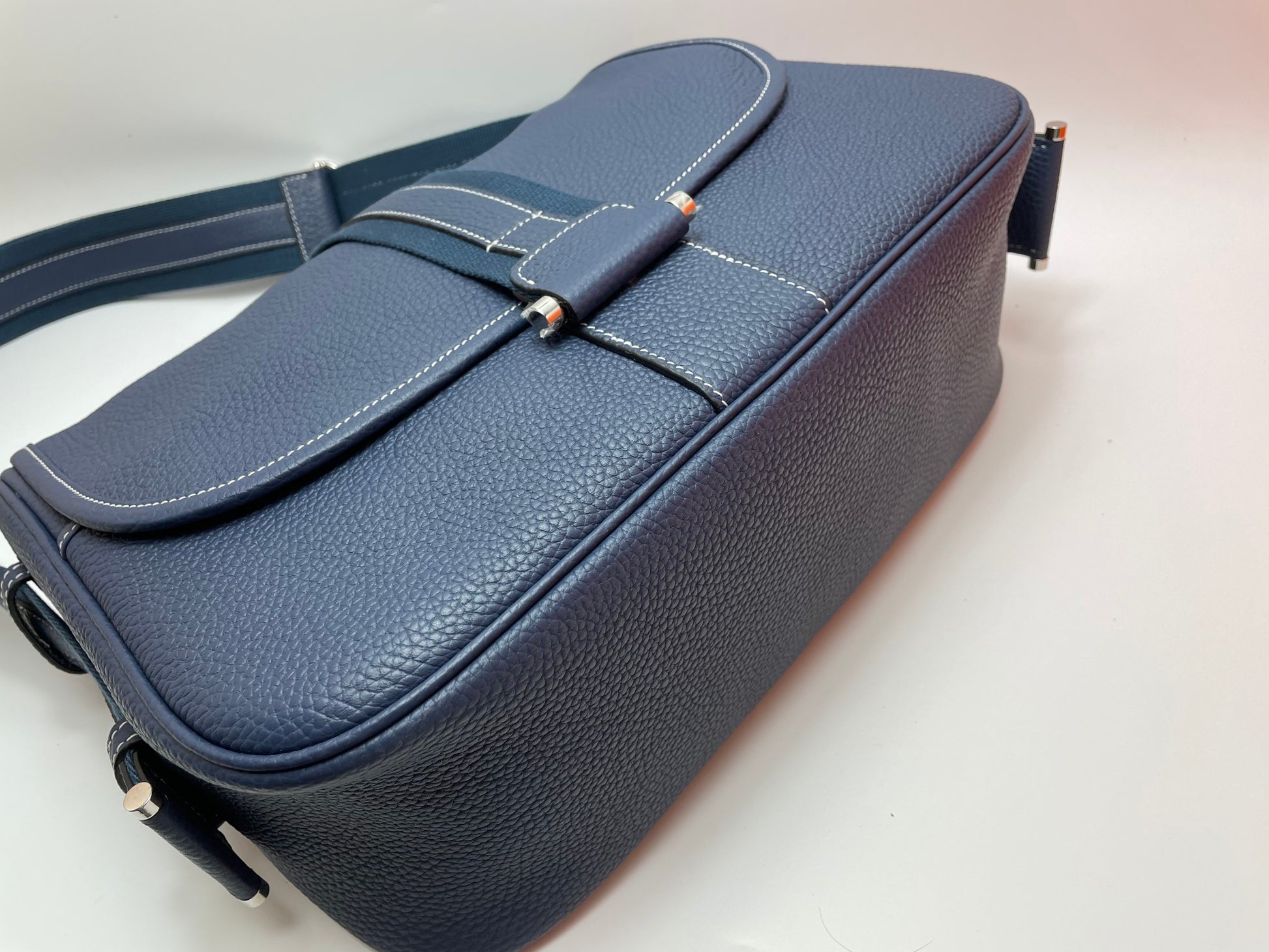 Luxury Navy Blue Leather Messenger Crossbody Bag - Adjustable Strap