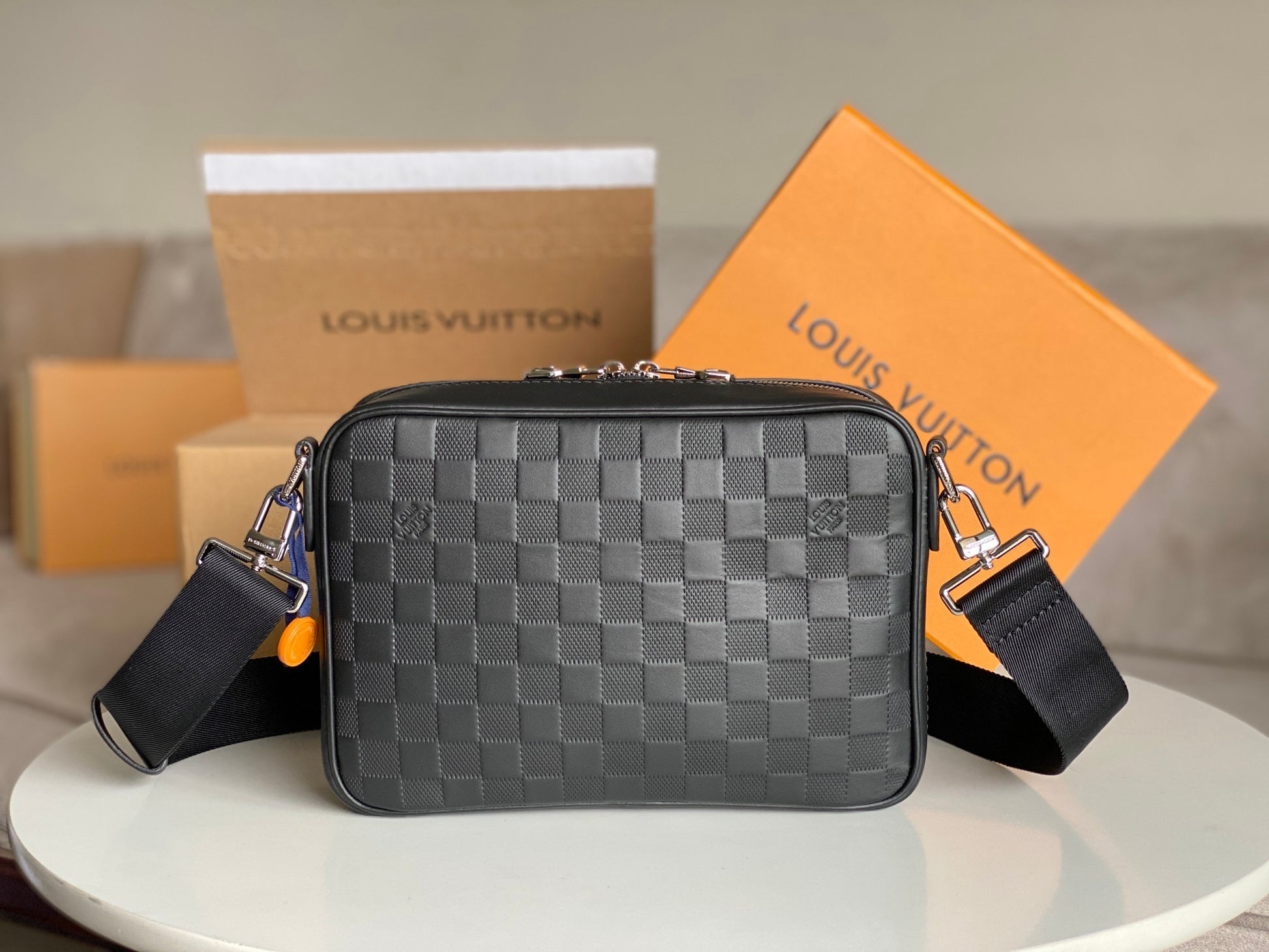 Louis Vuitton Black Checkerboard Embossed Leather Crossbody Messenger Bag