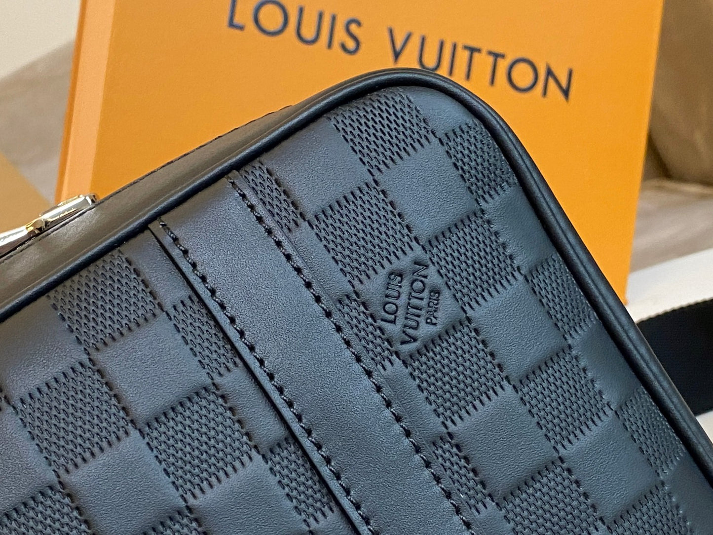 Louis Vuitton Black Checkerboard Embossed Leather Crossbody Messenger Bag