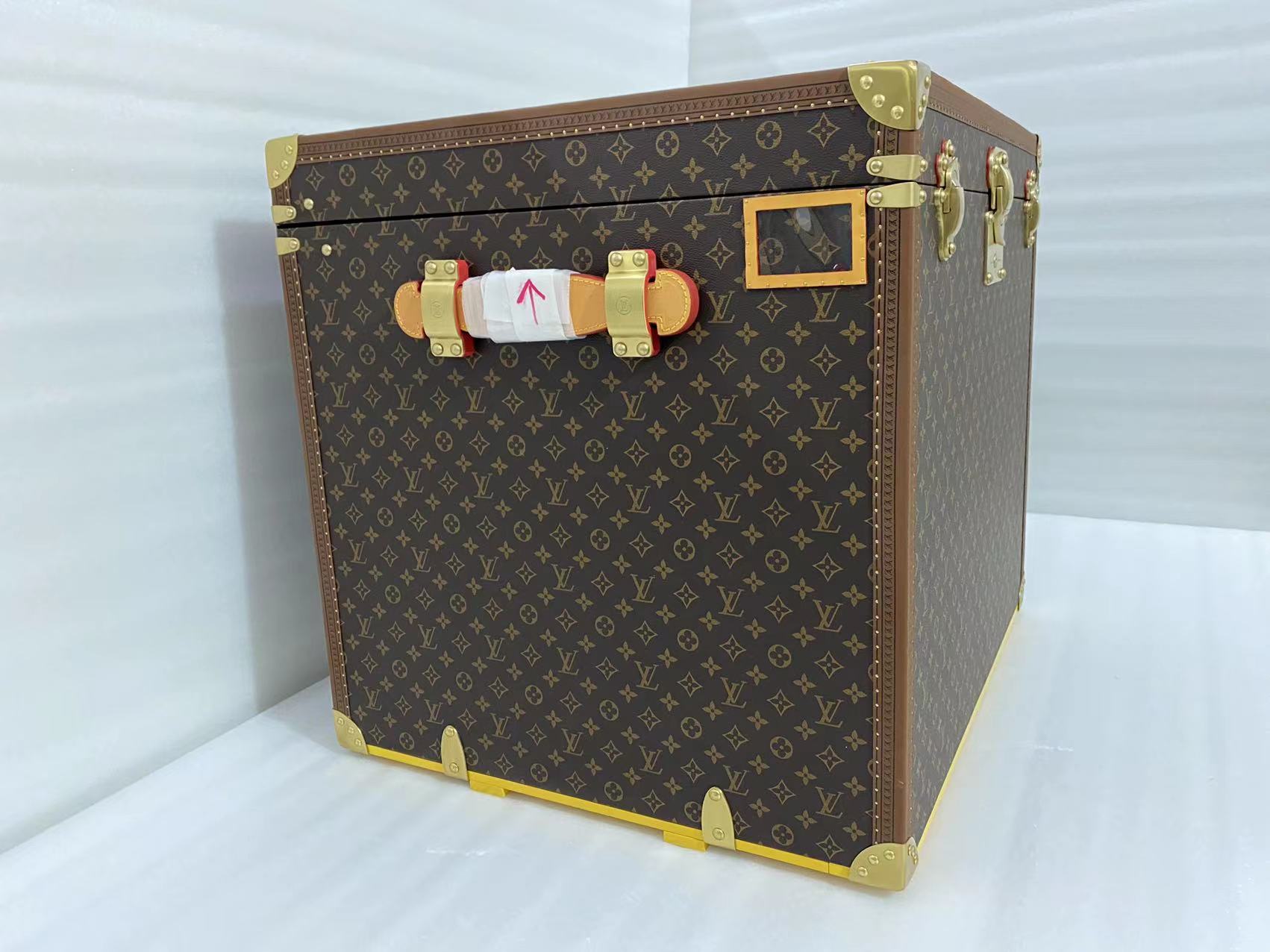 Classic Brown Monogram Storage Trunk Chest with Gold Latches