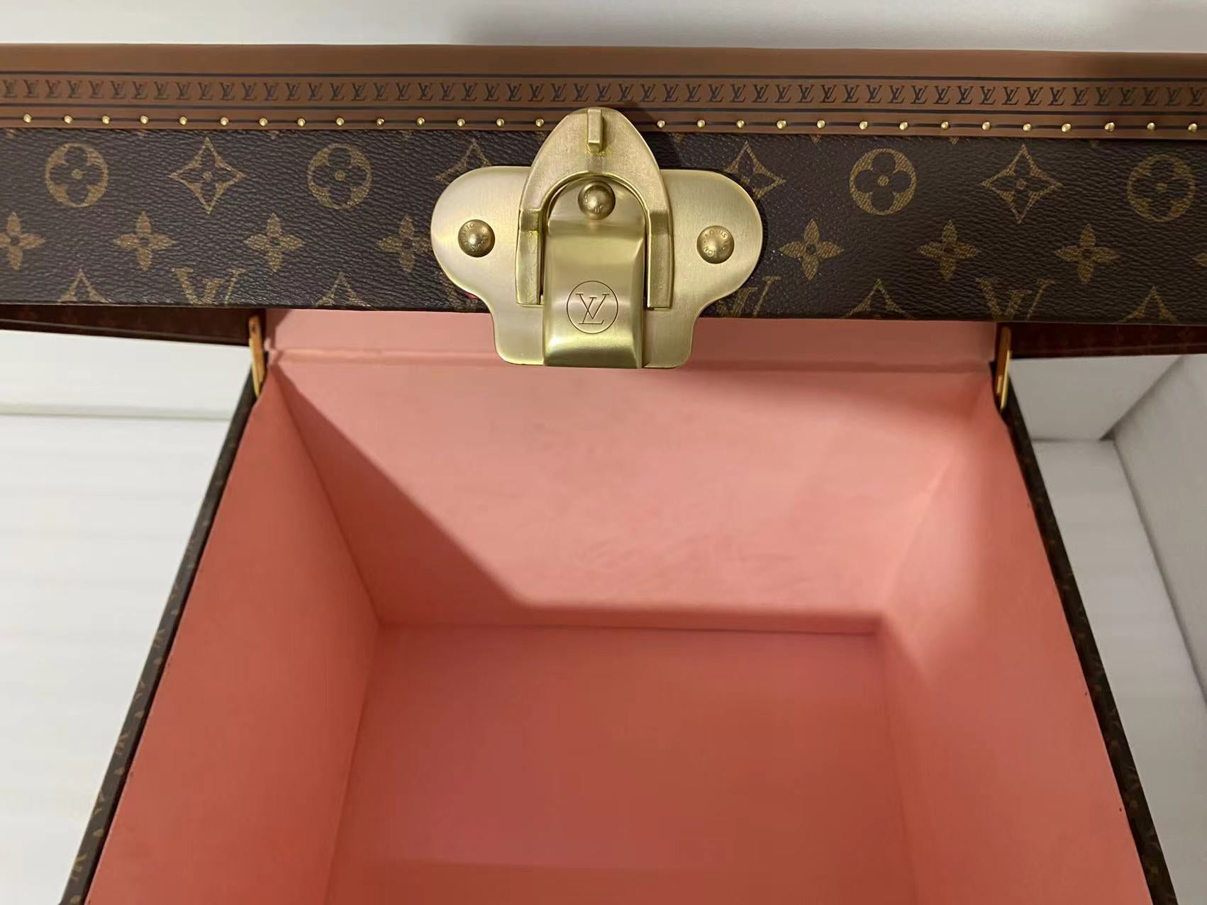 Classic Brown Monogram Storage Trunk Chest with Gold Latches