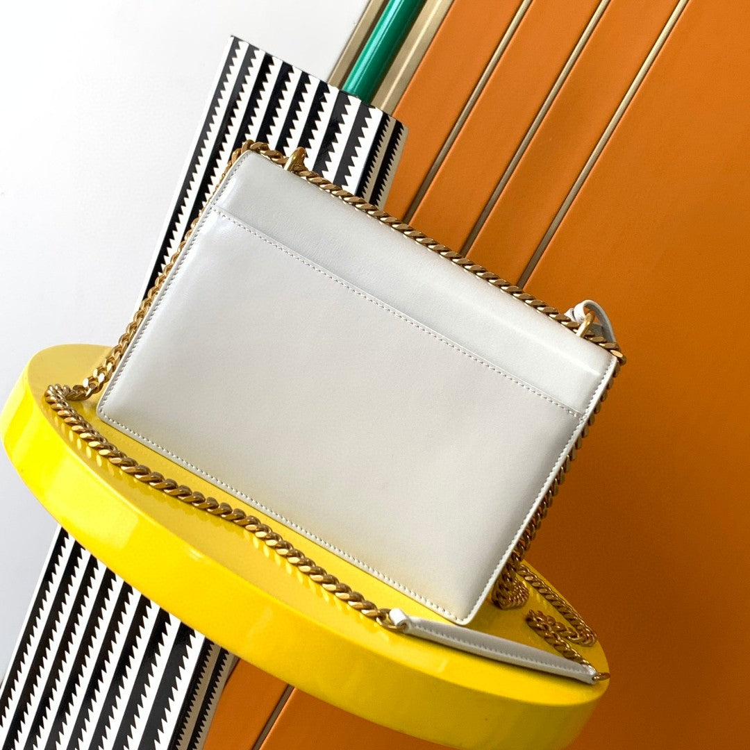 Saint Laurent YSL White Leather Sunset Shoulder Bag with Gold Hardware