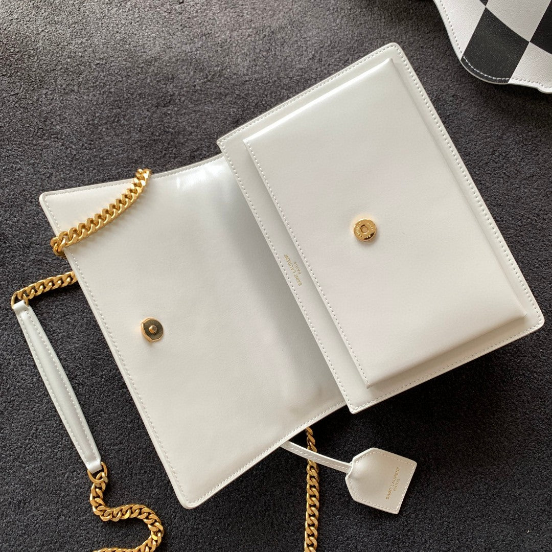 Saint Laurent YSL White Leather Sunset Shoulder Bag with Gold Hardware