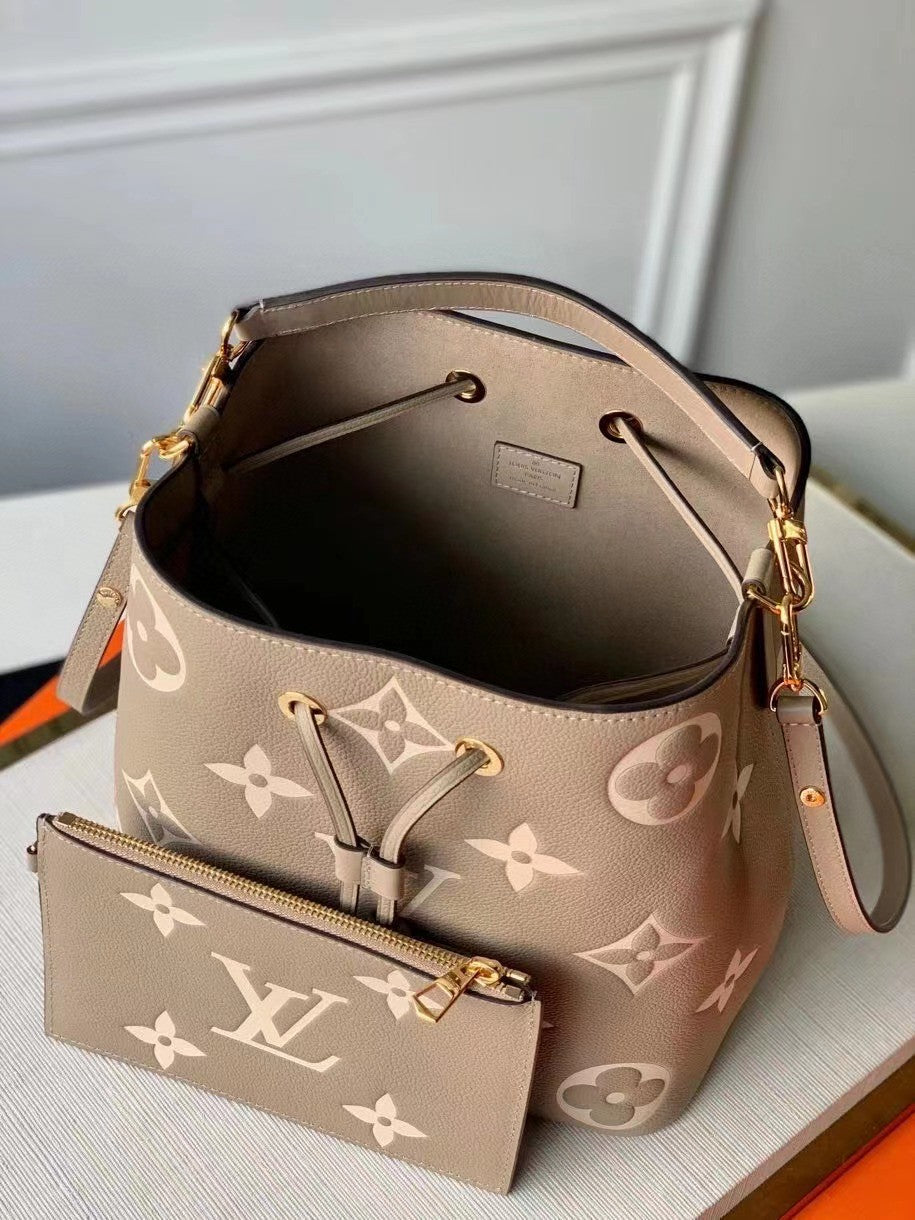 Louis Vuitton Elegant Taupe Monogram Leather Bucket Bag and Matching Pouch Set