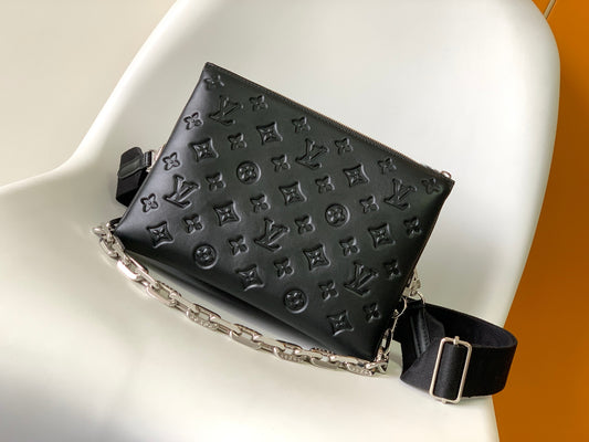 Black Embossed Monogram Crossbody Bag with Chain Detail and Wide Adjustable Strap