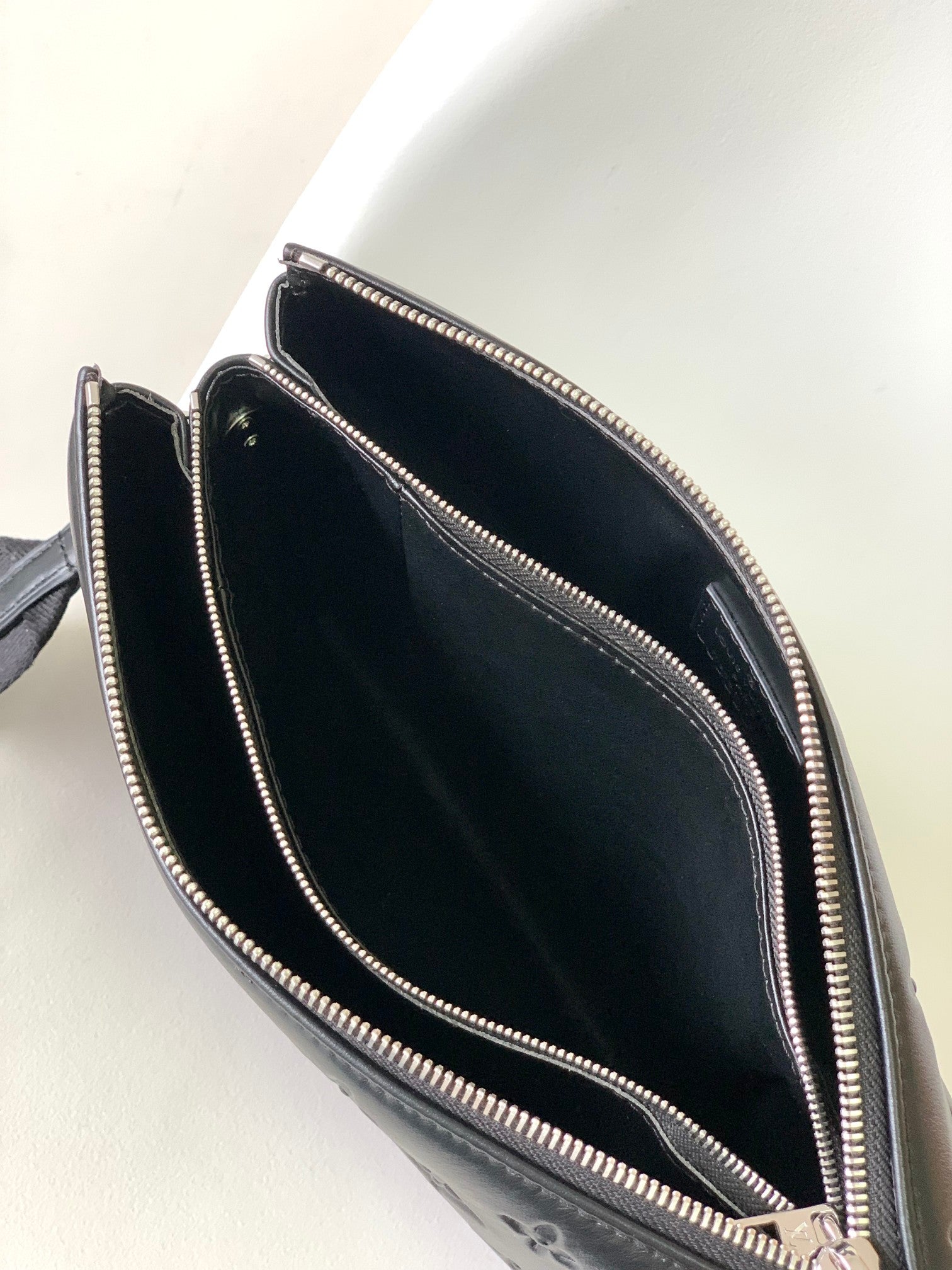 Louis Vuitton Black Embossed Crossbody Bag with Chain and Wide Adjustable Strap