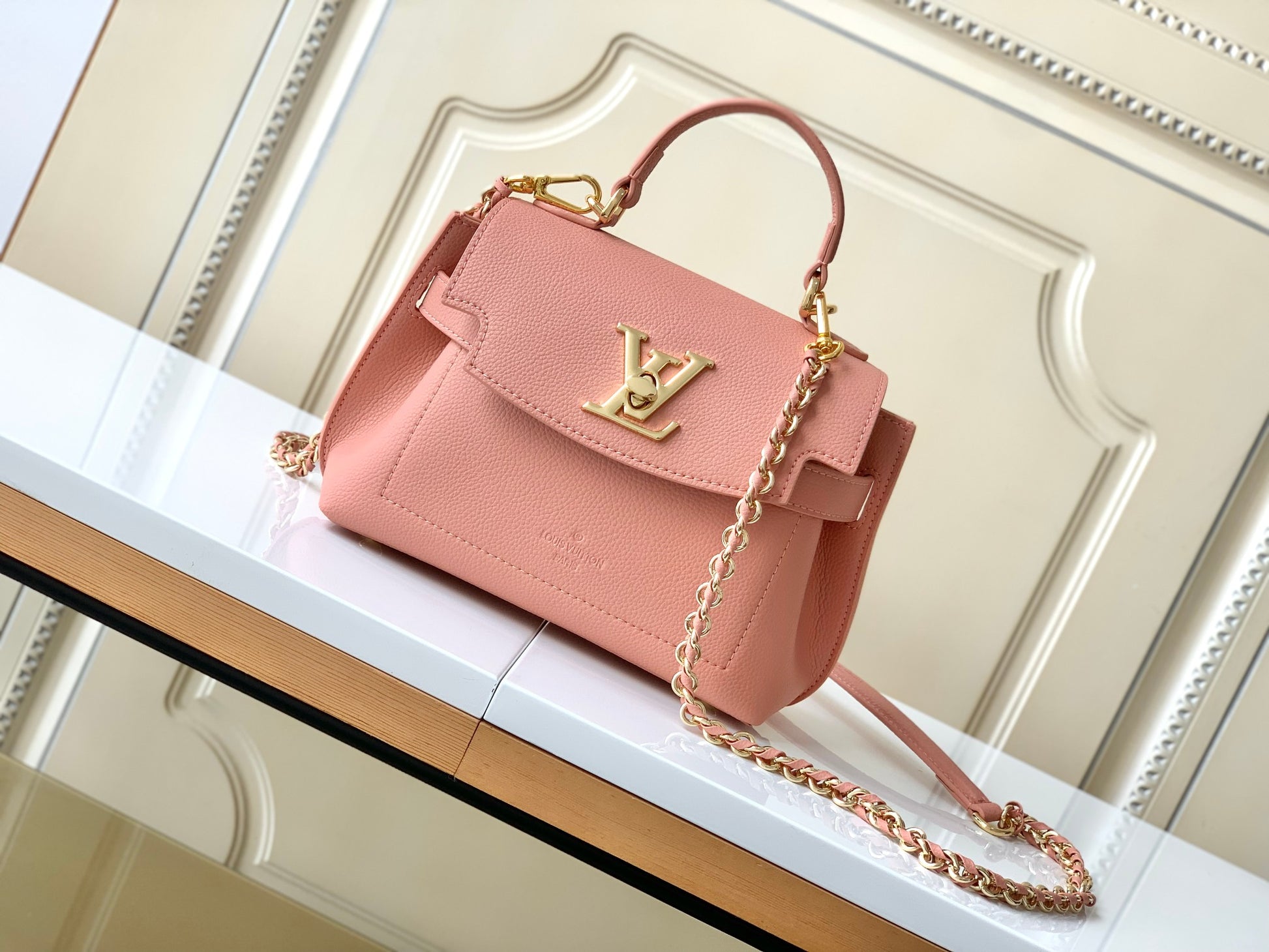 Louis Vuitton Blush Pink Grained Leather Top Handle Handbag with Gold Clasp