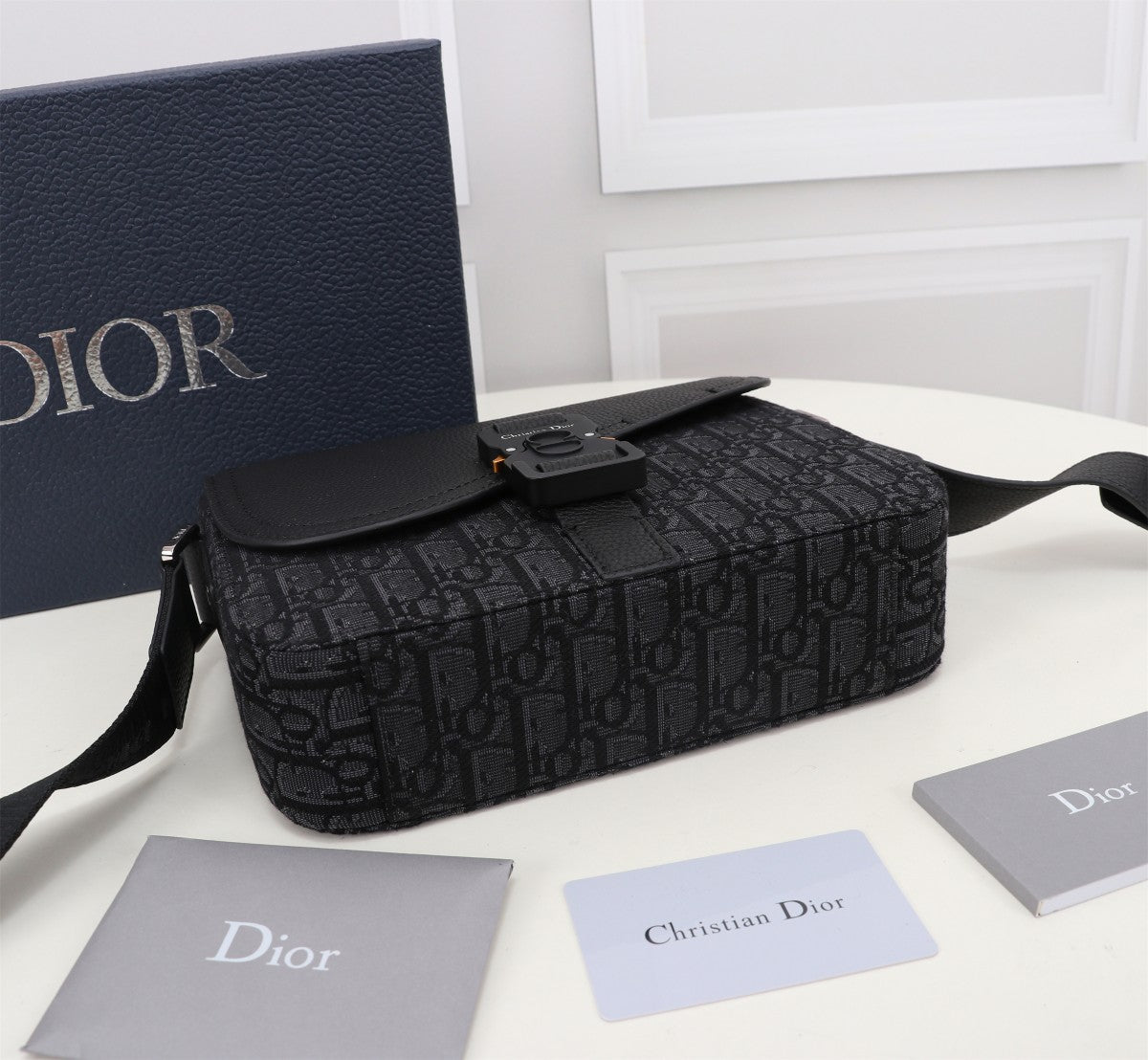 Dior Black Monogram Canvas Messenger Bag with Leather Flap and Buckle