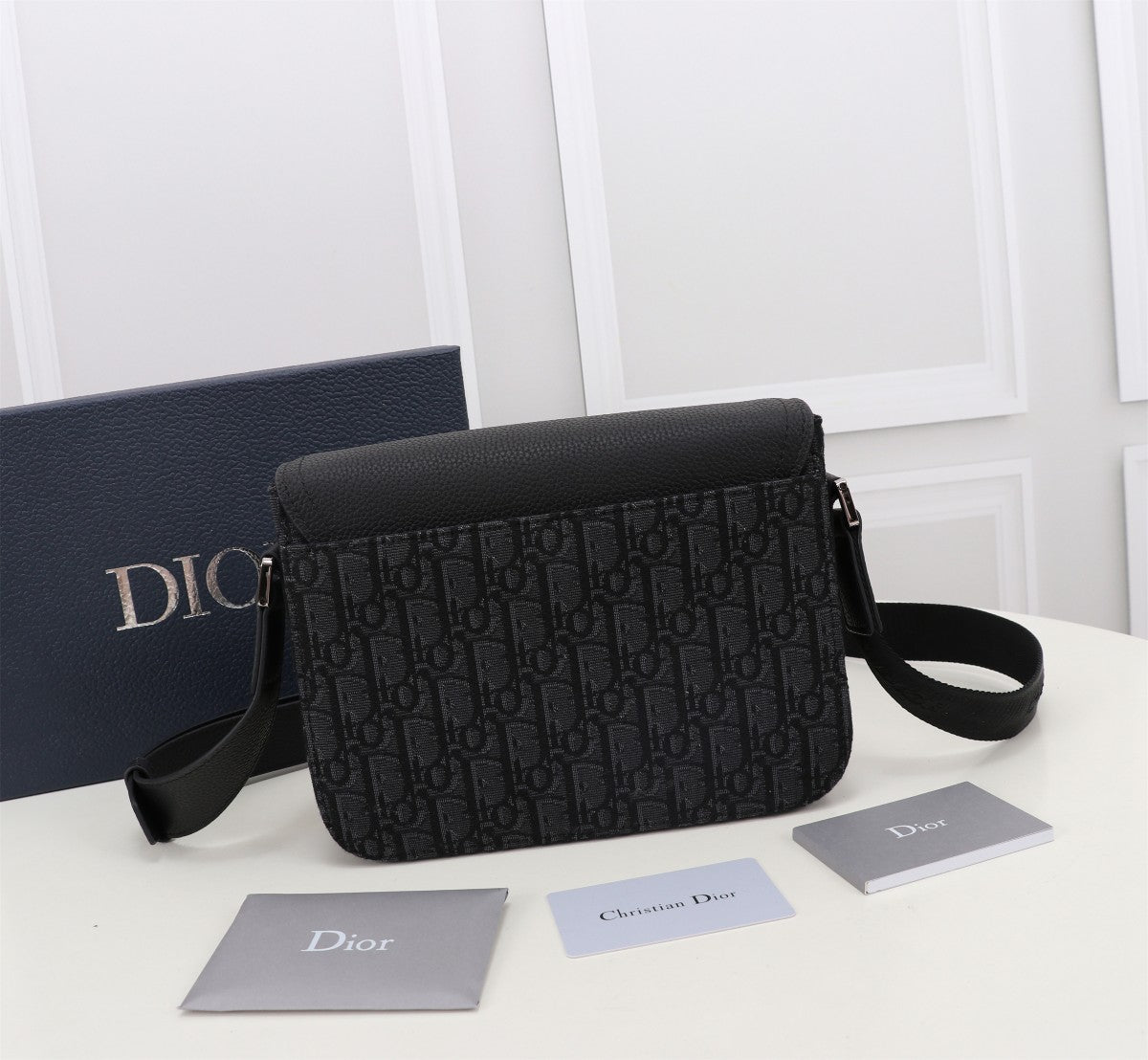 Dior Black Monogram Canvas Messenger Bag with Leather Flap and Buckle