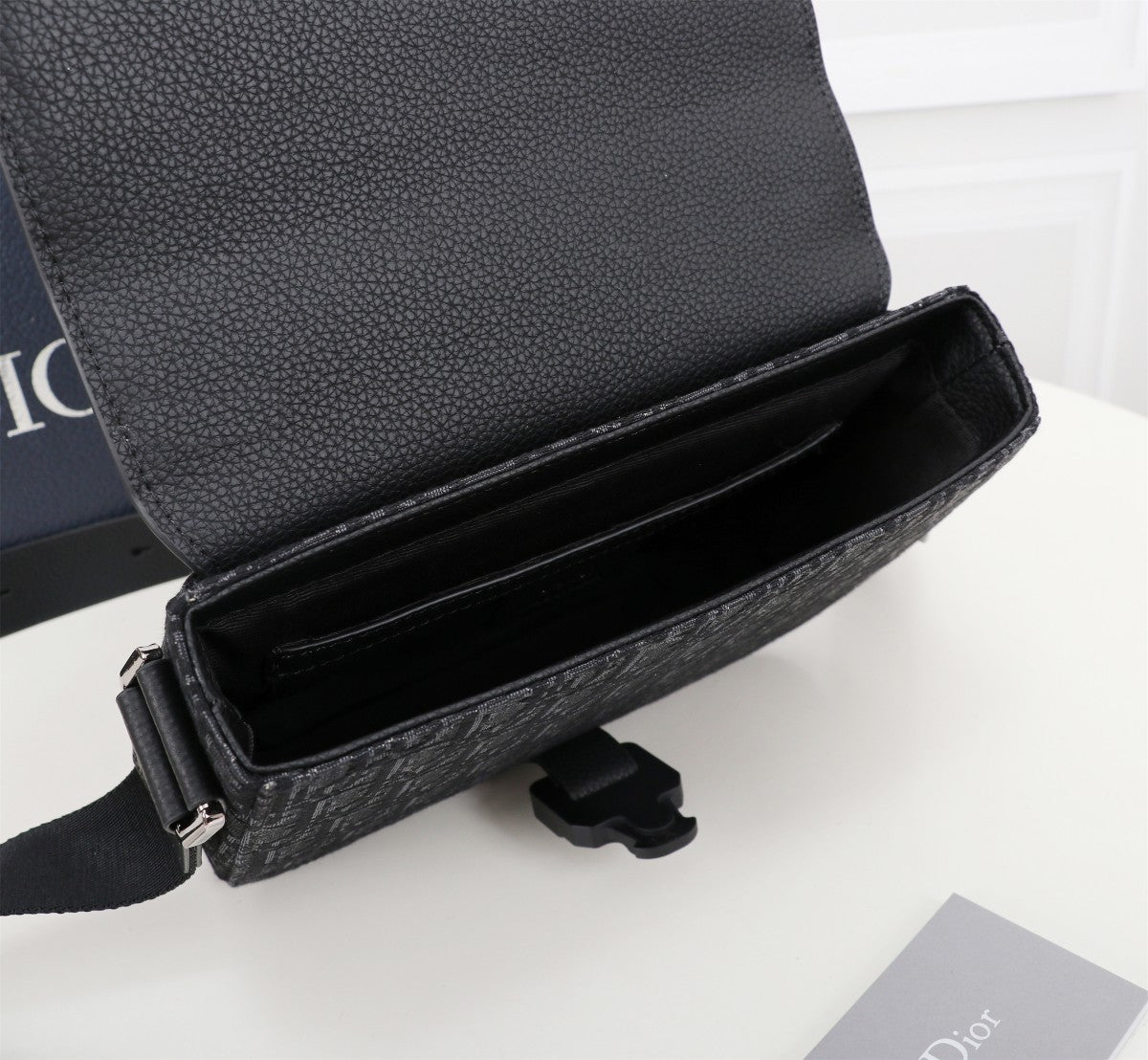 Dior Black Monogram Canvas Messenger Bag with Leather Flap and Buckle