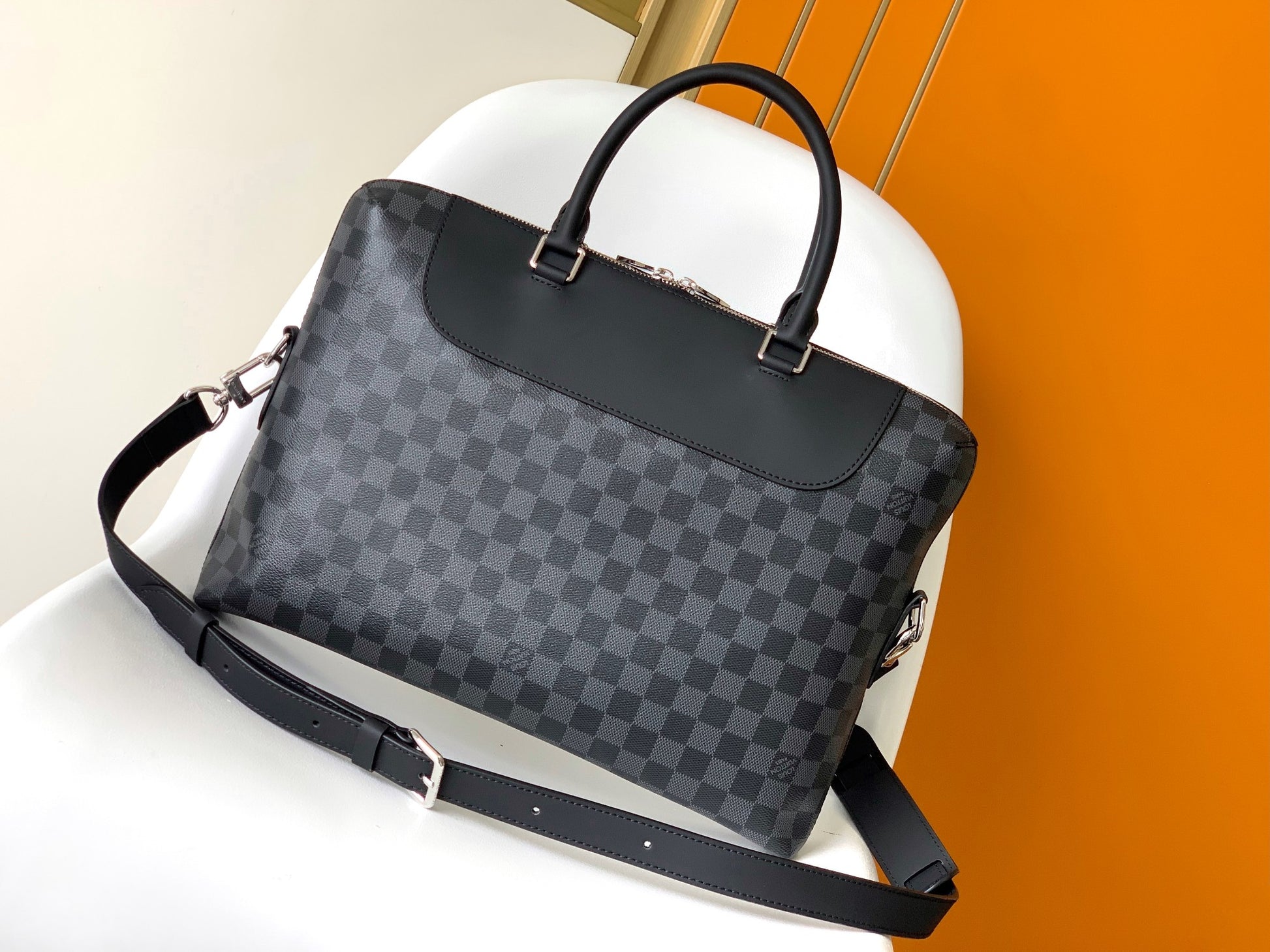 Louis Vuitton Grey Checkerboard Leather Briefcase Men's Laptop Messenger Bag
