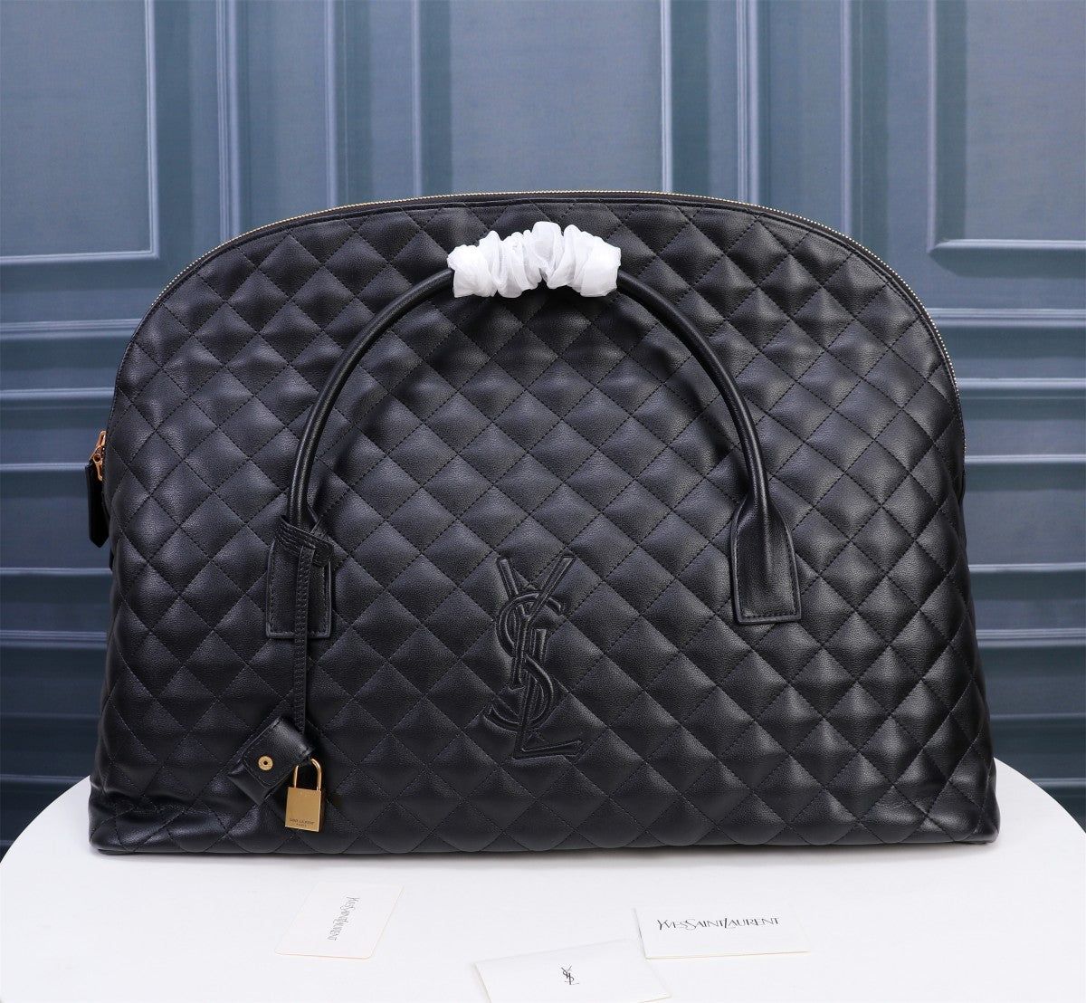 Black Quilted Leather Travel Bag - Luxury Large Duffle with Gold Hardware