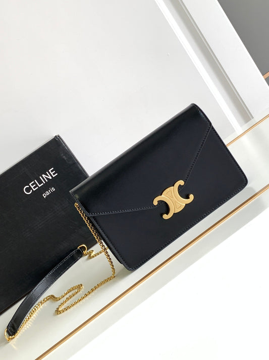 Celine Triomphe Wallet on Chain in Black Shiny Calfskin with Gold Hardware