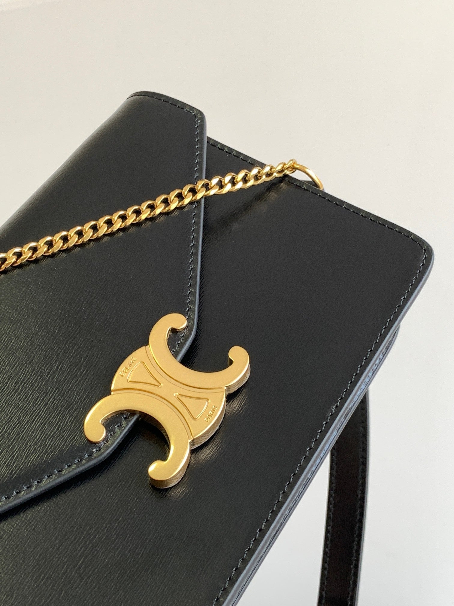 Celine Triomphe Wallet on Chain in Black Shiny Calfskin with Gold Hardware