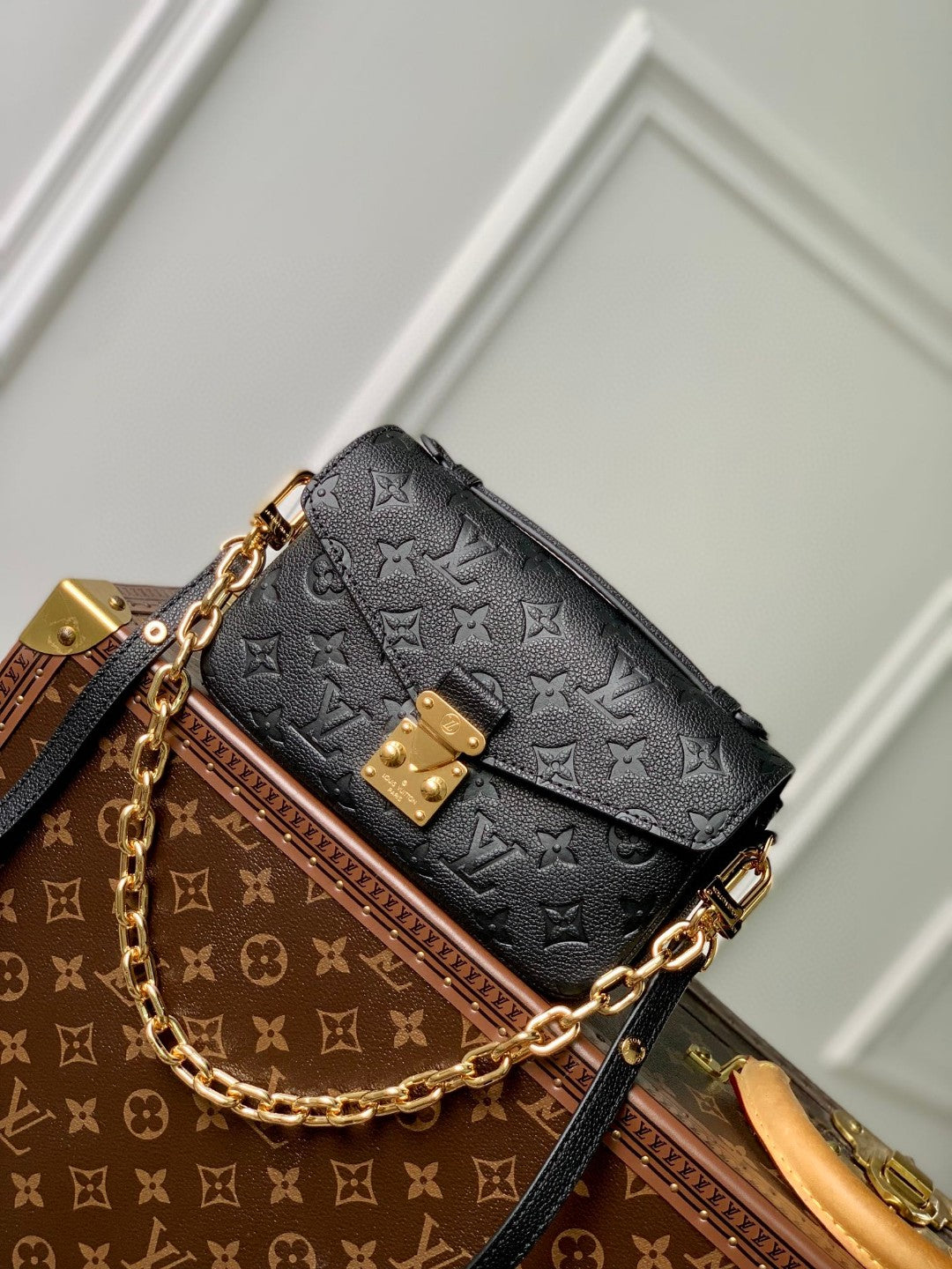 Louis Vuitton Classic Black Embossed Leather Shoulder Bag with Gold Chain
