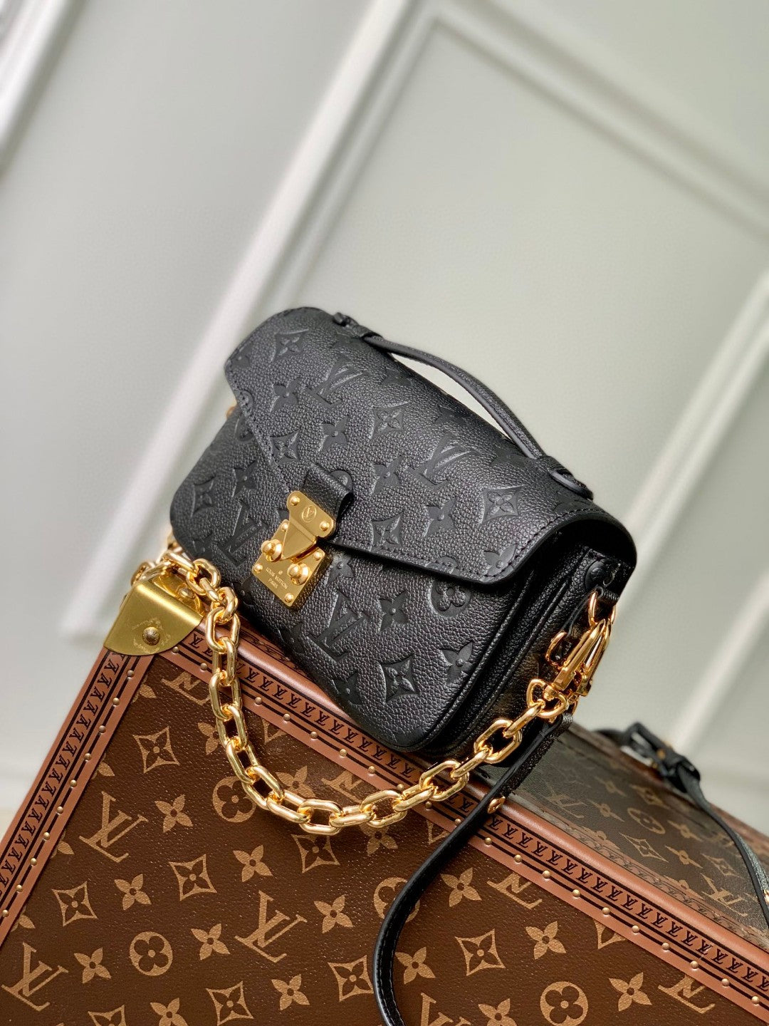 Louis Vuitton Classic Black Embossed Leather Shoulder Bag with Gold Chain