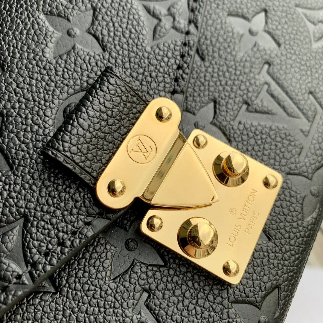 Louis Vuitton Classic Black Embossed Leather Shoulder Bag with Gold Chain