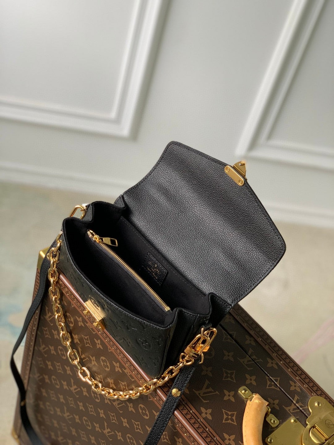 Louis Vuitton Classic Black Embossed Leather Shoulder Bag with Gold Chain
