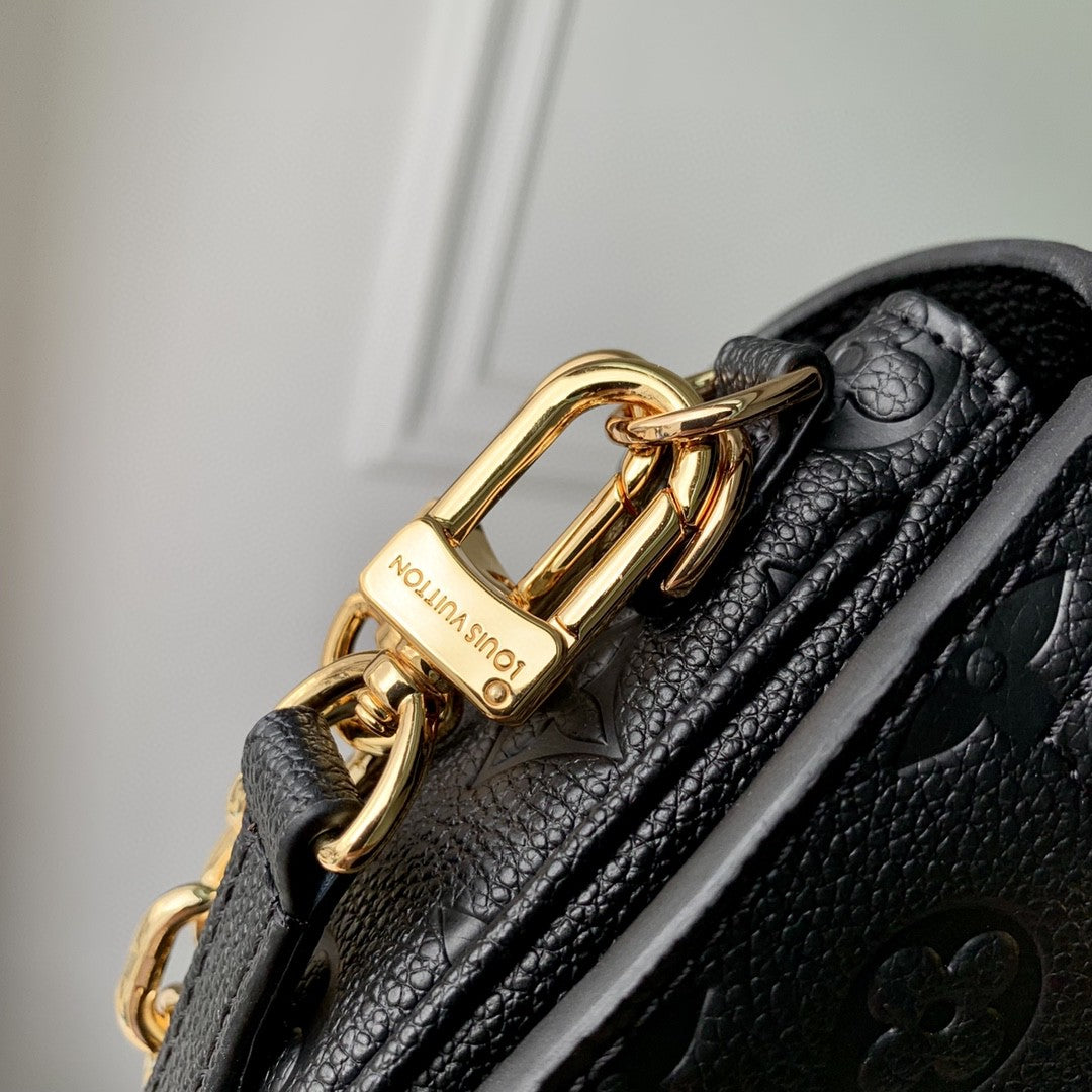 Louis Vuitton Classic Black Embossed Leather Shoulder Bag with Gold Chain