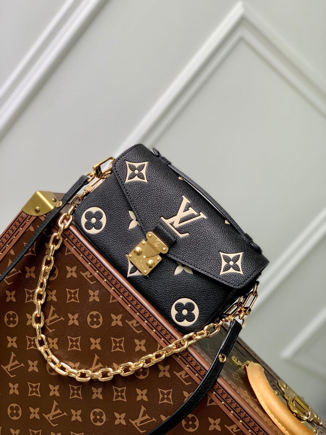 Louis Vuitton Black Patterned Leather Crossbody Bag with Gold Chain Strap