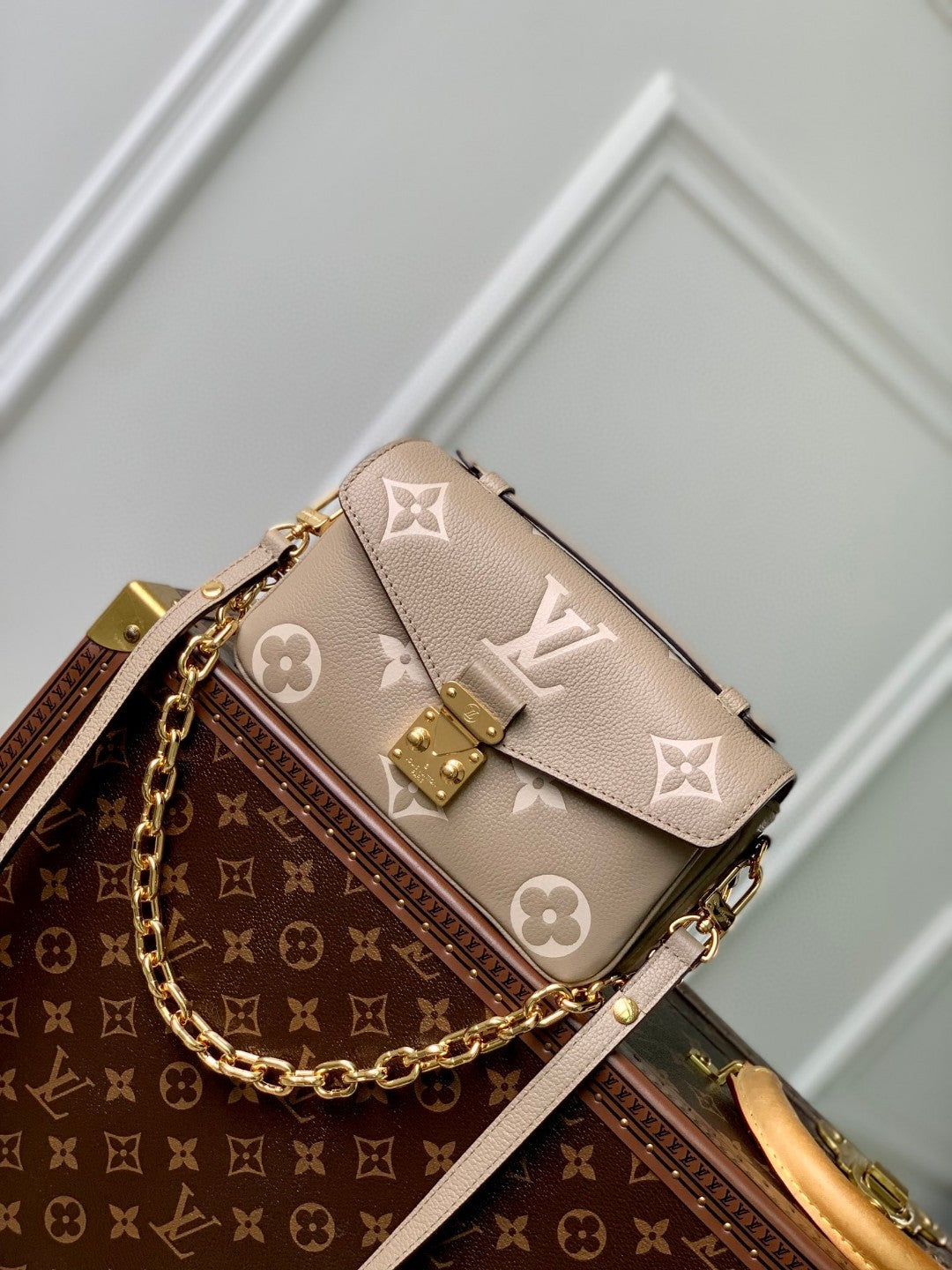Louis Vuitton Taupe Monogram Embossed Leather Crossbody Handbag with Gold Clasp
