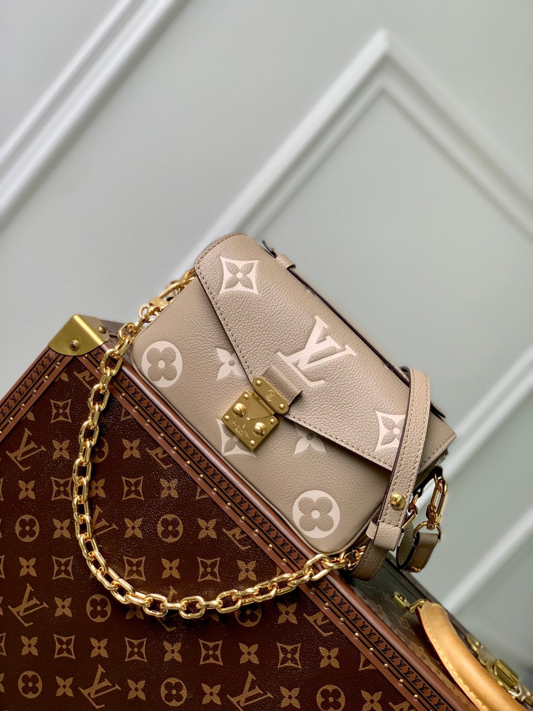 Louis Vuitton Taupe Monogram Embossed Leather Crossbody Handbag with Gold Clasp