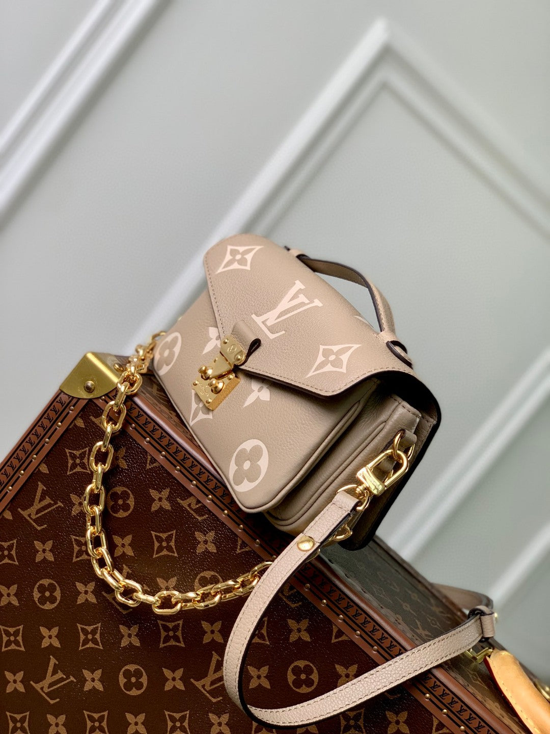Louis Vuitton Taupe Monogram Embossed Leather Crossbody Handbag with Gold Clasp