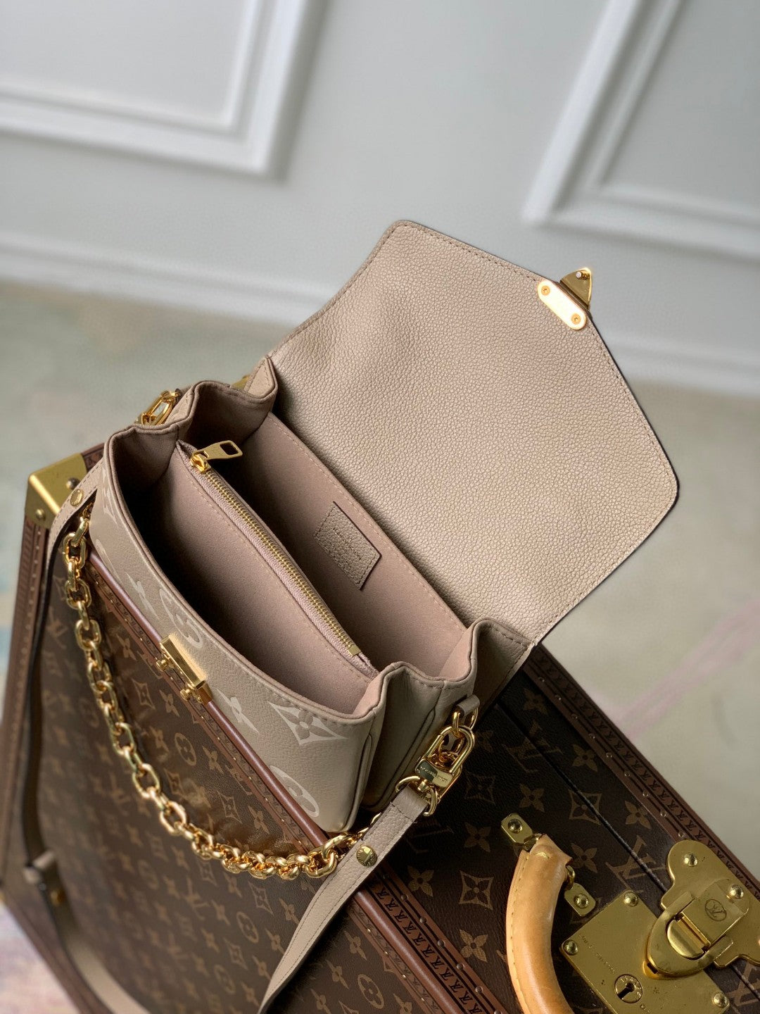 Louis Vuitton Taupe Monogram Embossed Leather Crossbody Handbag with Gold Clasp